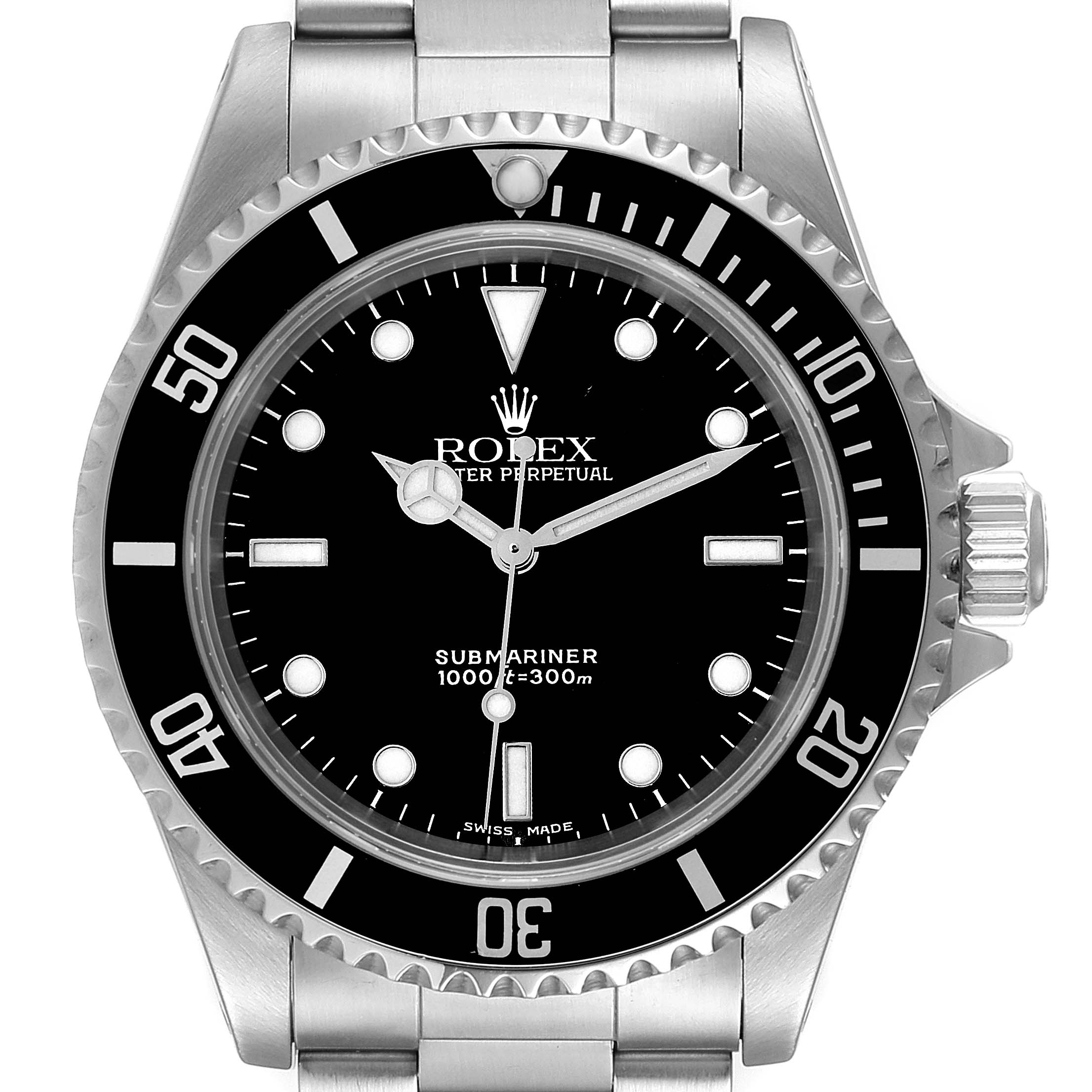 The Rolex Submariner 14060 Men
s Stainless Steel Black Dial 14060 Men
s Stainless Steel Black Dial watch is shown from a top-down angle, featuring its dial, bezel, hands, and crown.