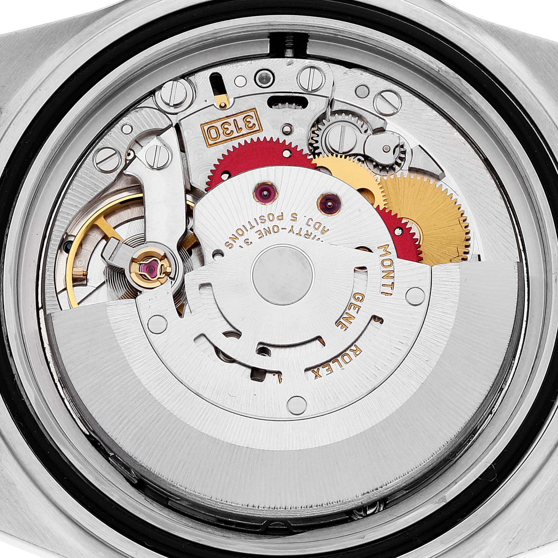 This image shows the internal mechanism of a Rolex Submariner 14060 Men
s Stainless Steel Black Dial 14060 Men
s Stainless Steel Black Dial watch from a back angle, highlighting the gears and movement components.