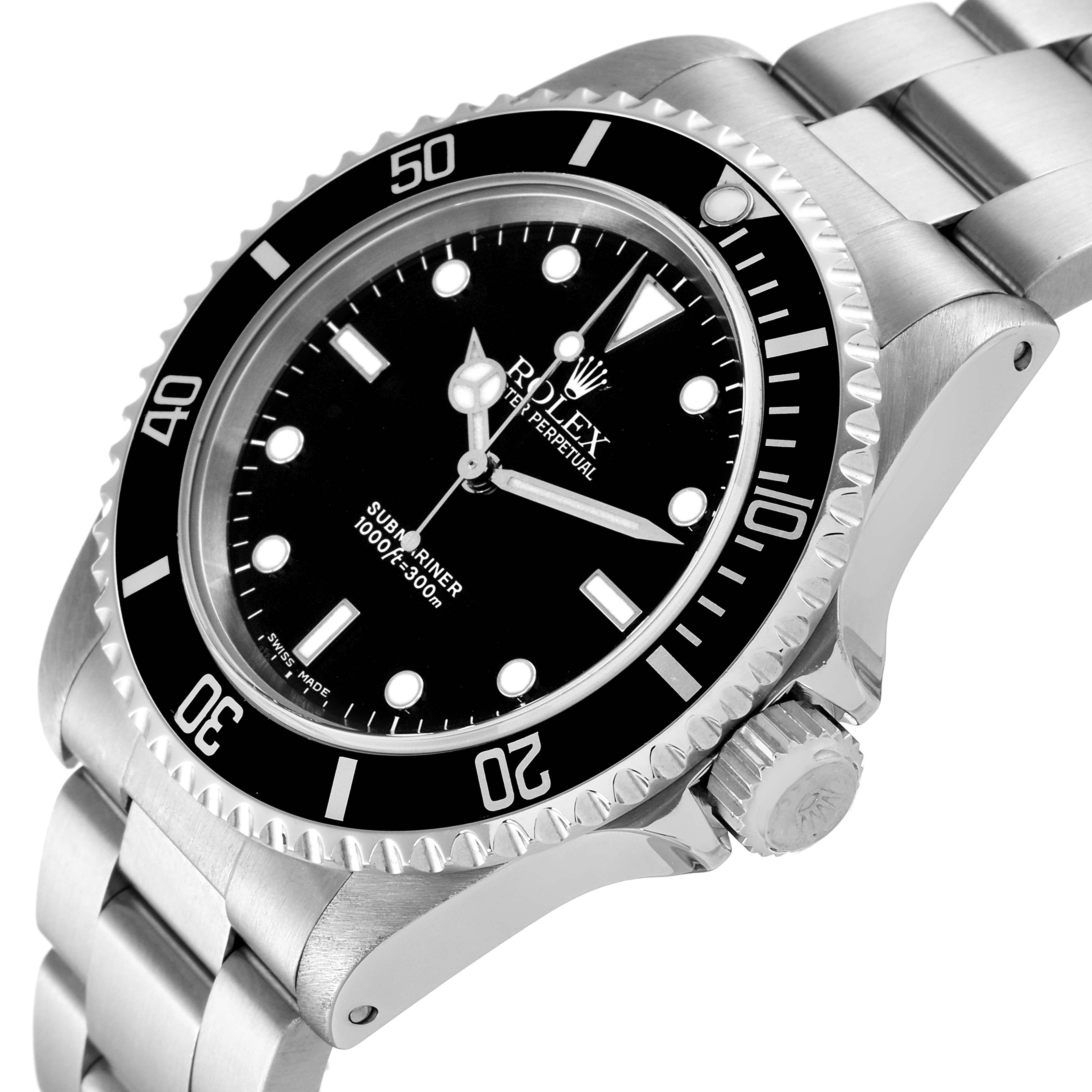 The image shows a close-up angle of the Rolex Submariner 14060 Men
s Stainless Steel Black Dial 14060 Men
s Stainless Steel Black Dial watch, displaying its face, bezel, and part of the stainless steel bracelet.