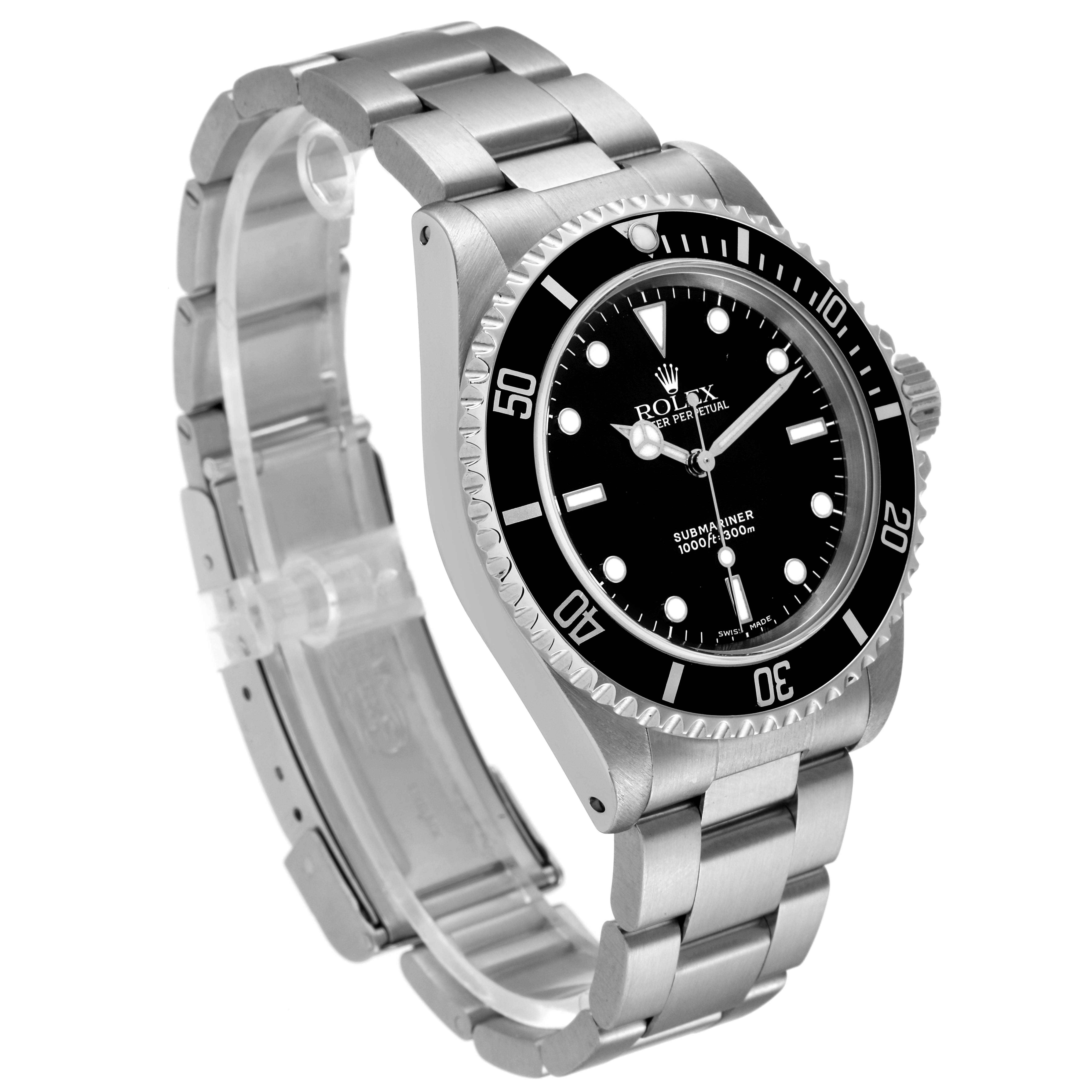 The Rolex Submariner 14060 Men
s Stainless Steel Black Dial 14060 Men
s Stainless Steel Black Dial watch is shown from a three-quarter angle, displaying the face, bezel, and bracelet.