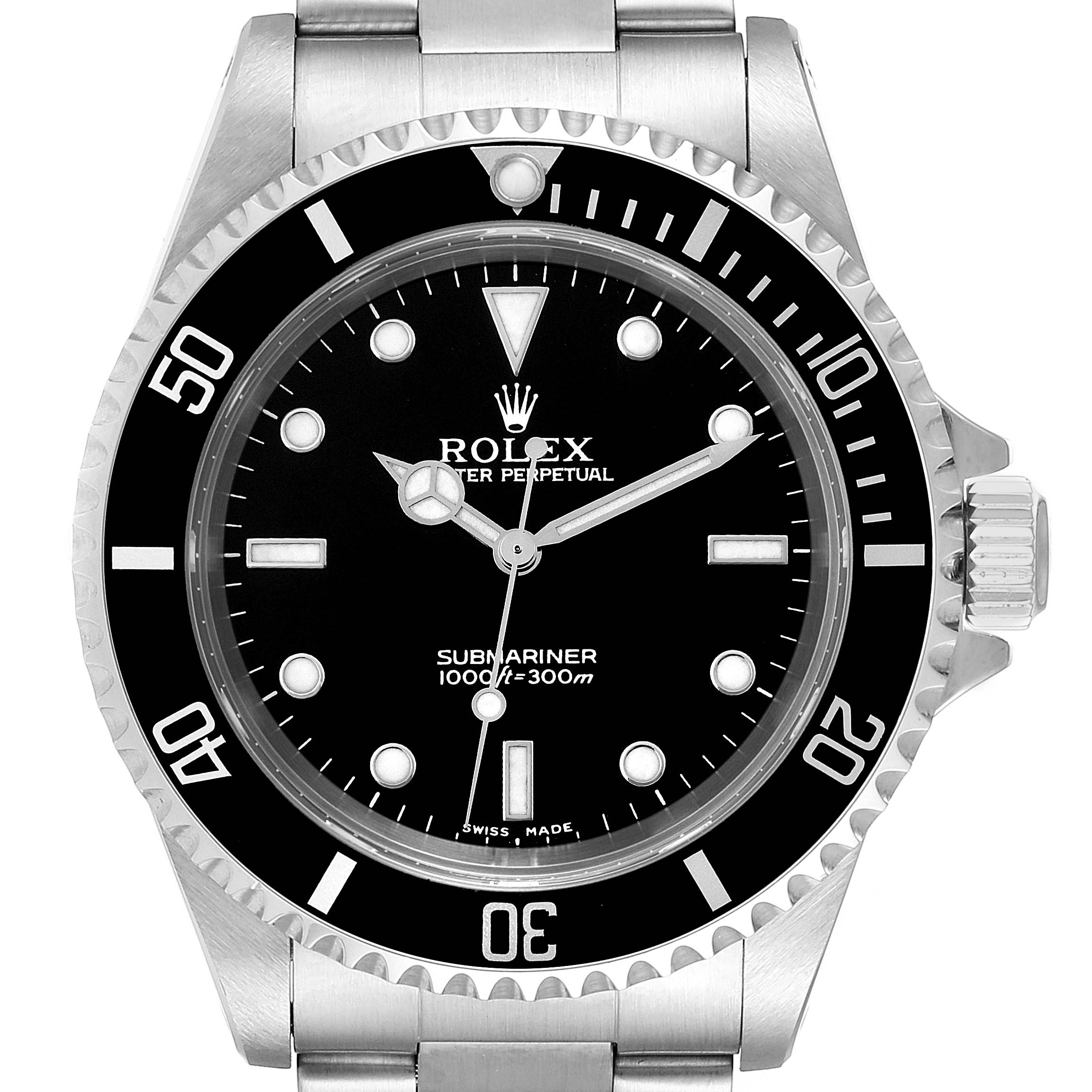 The Rolex Submariner 14060 Men
s Stainless Steel Black Dial 14060 Men
s Stainless Steel Black Dial watch is shown from the front, displaying the dial, bezel, and bracelet top.