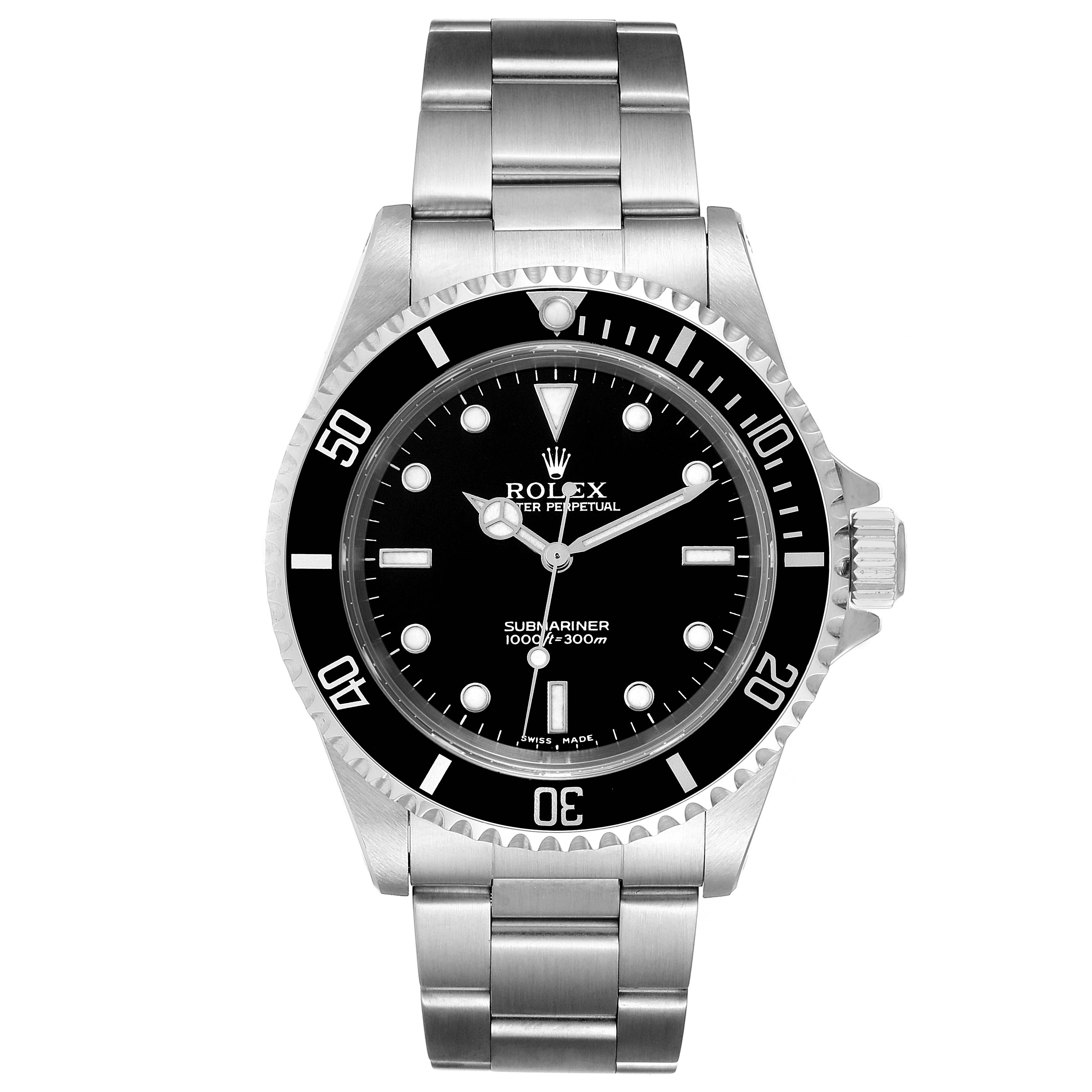 This image shows a front view of a Rolex Submariner 14060 Men
s Stainless Steel Black Dial 14060 Men
s Stainless Steel Black Dial watch, displaying the face, bezel, and bracelet.