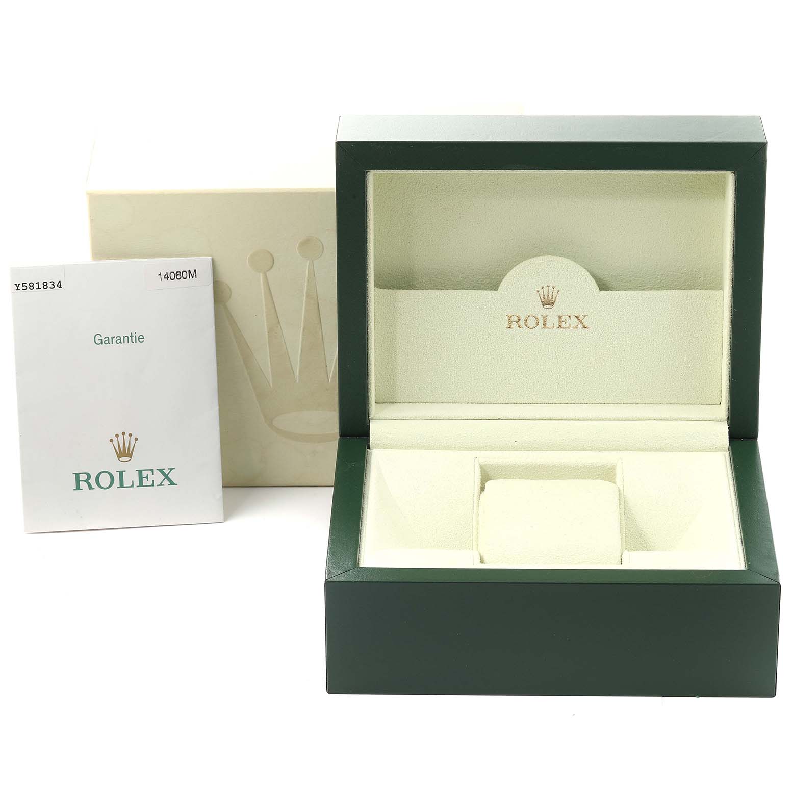 The image shows an empty green Rolex Submariner 14060 Men
s Stainless Steel Black Dial 14060 Men
s Stainless Steel Black Dial watch box, warranty card, and outer packaging from an angled view.