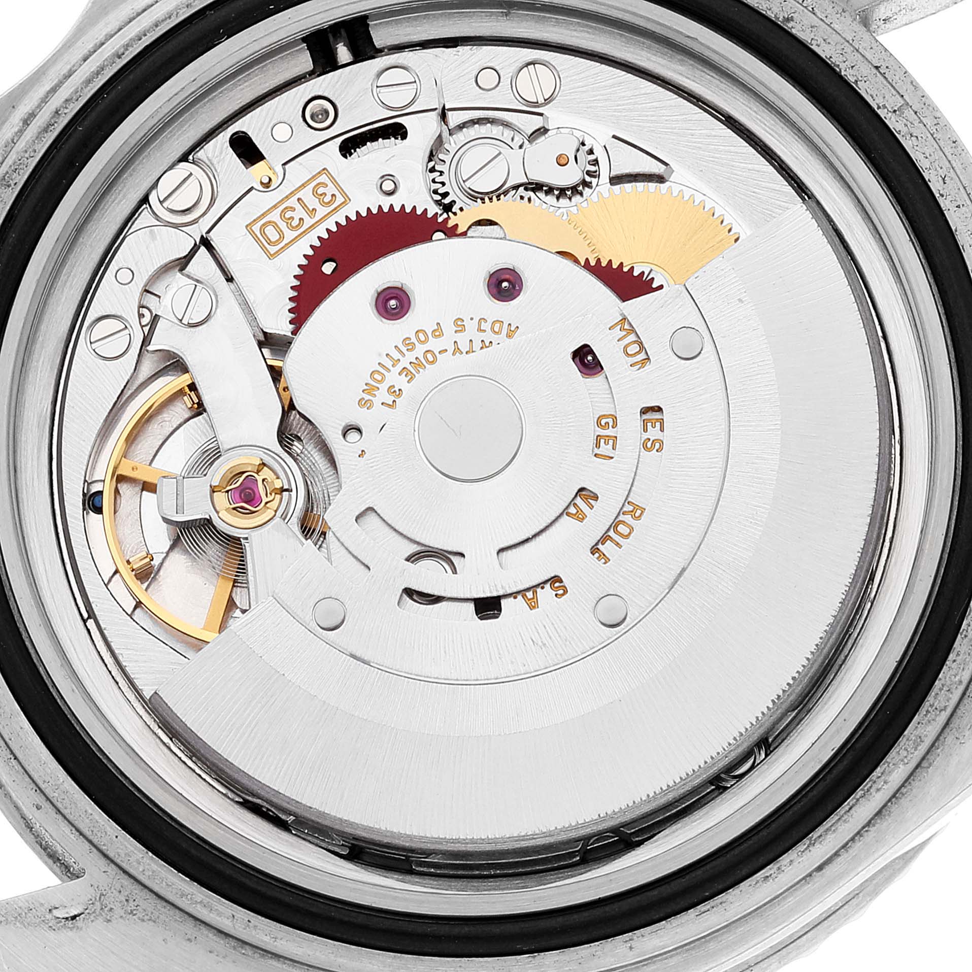 This image shows the internal mechanism of a Rolex Submariner 14060 Men
s Stainless Steel Black Dial 14060 Men
s Stainless Steel Black Dial watch, viewed from the back.