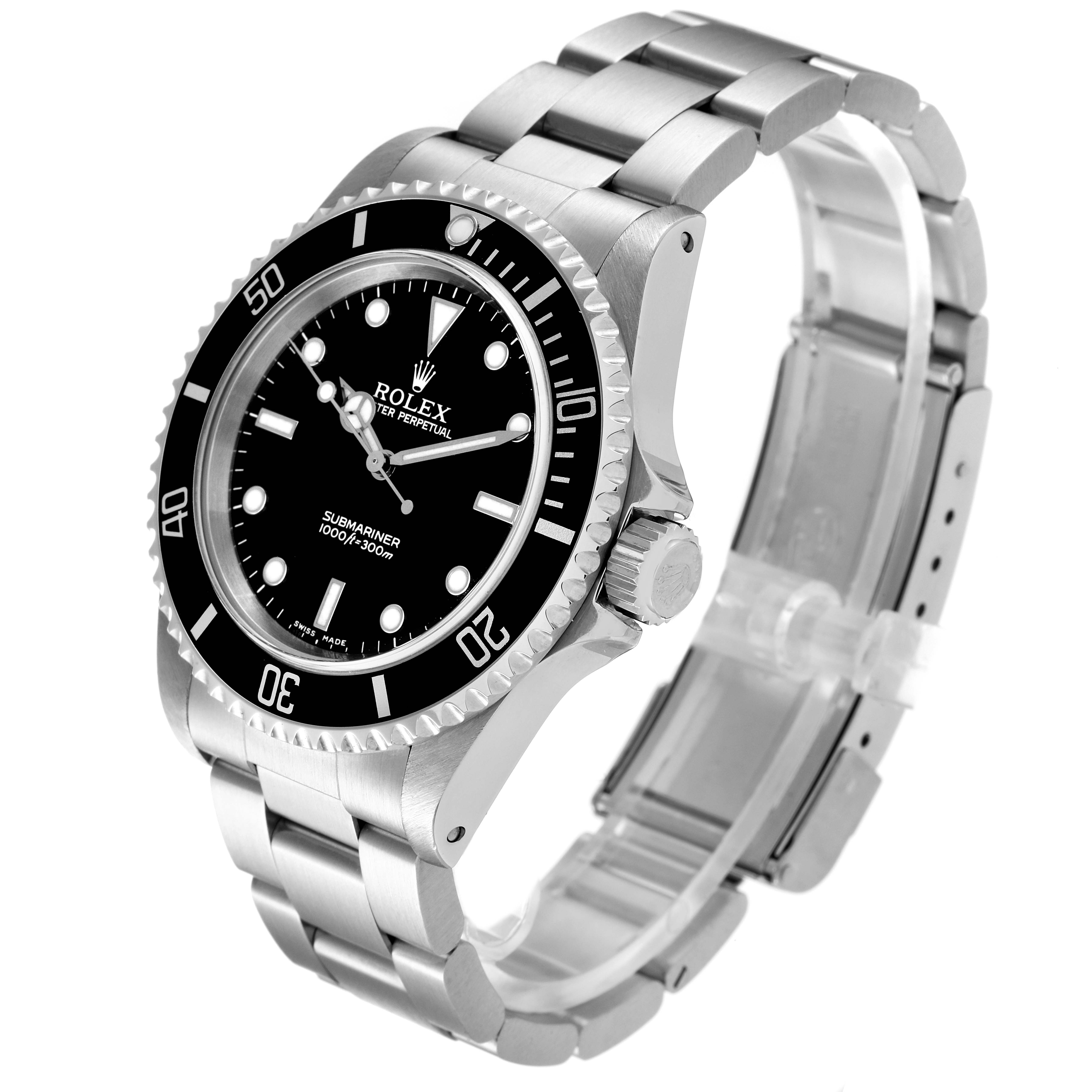 The Rolex Submariner 14060 Men
s Stainless Steel Black Dial 14060 Men
s Stainless Steel Black Dial watch is shown at an angled view, highlighting the dial, bezel, crown, and bracelet.