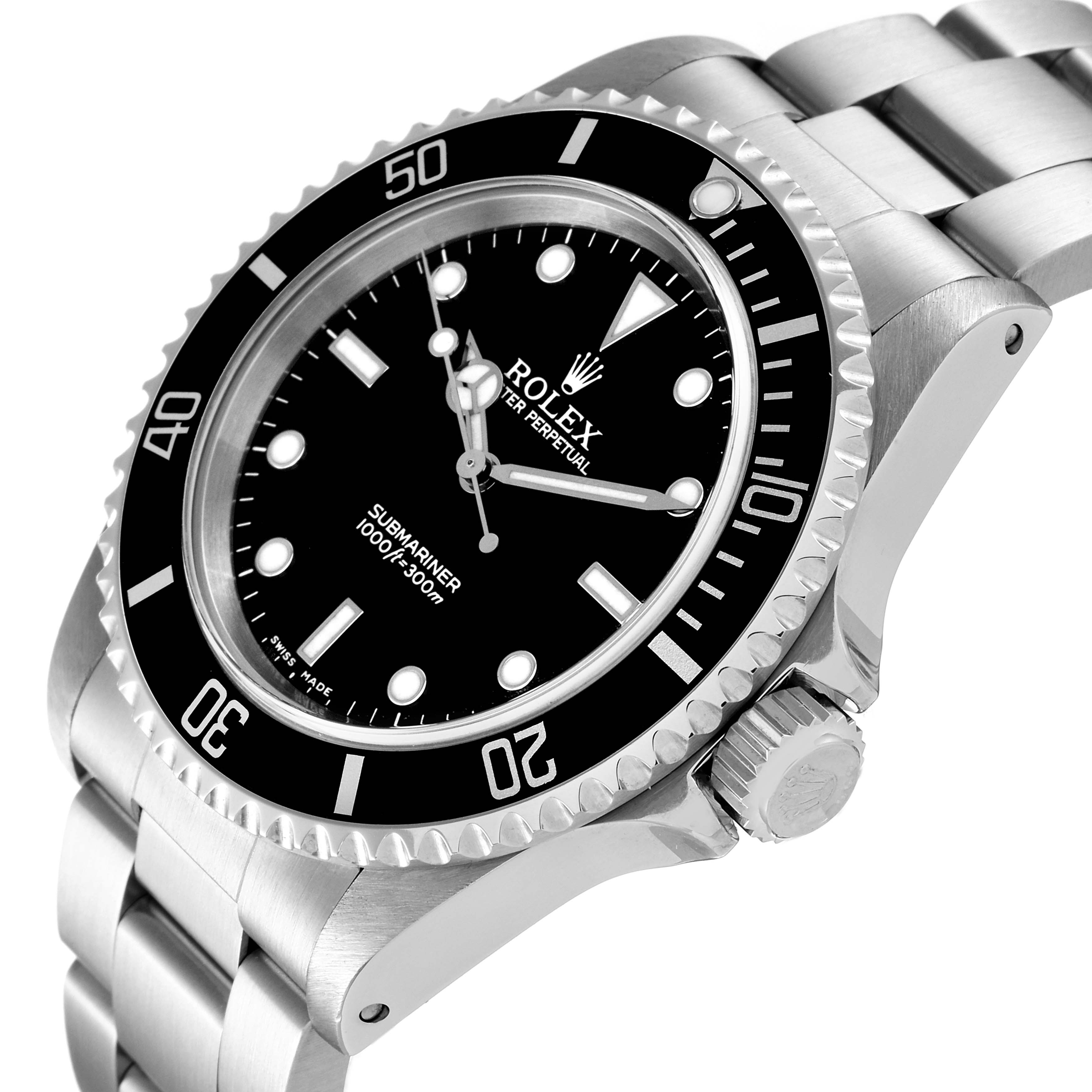 The image shows a Rolex Submariner 14060 Men
s Stainless Steel Black Dial 14060 Men
s Stainless Steel Black Dial watch angled from the right with its bezel, dial, crown, and bracelet visible.