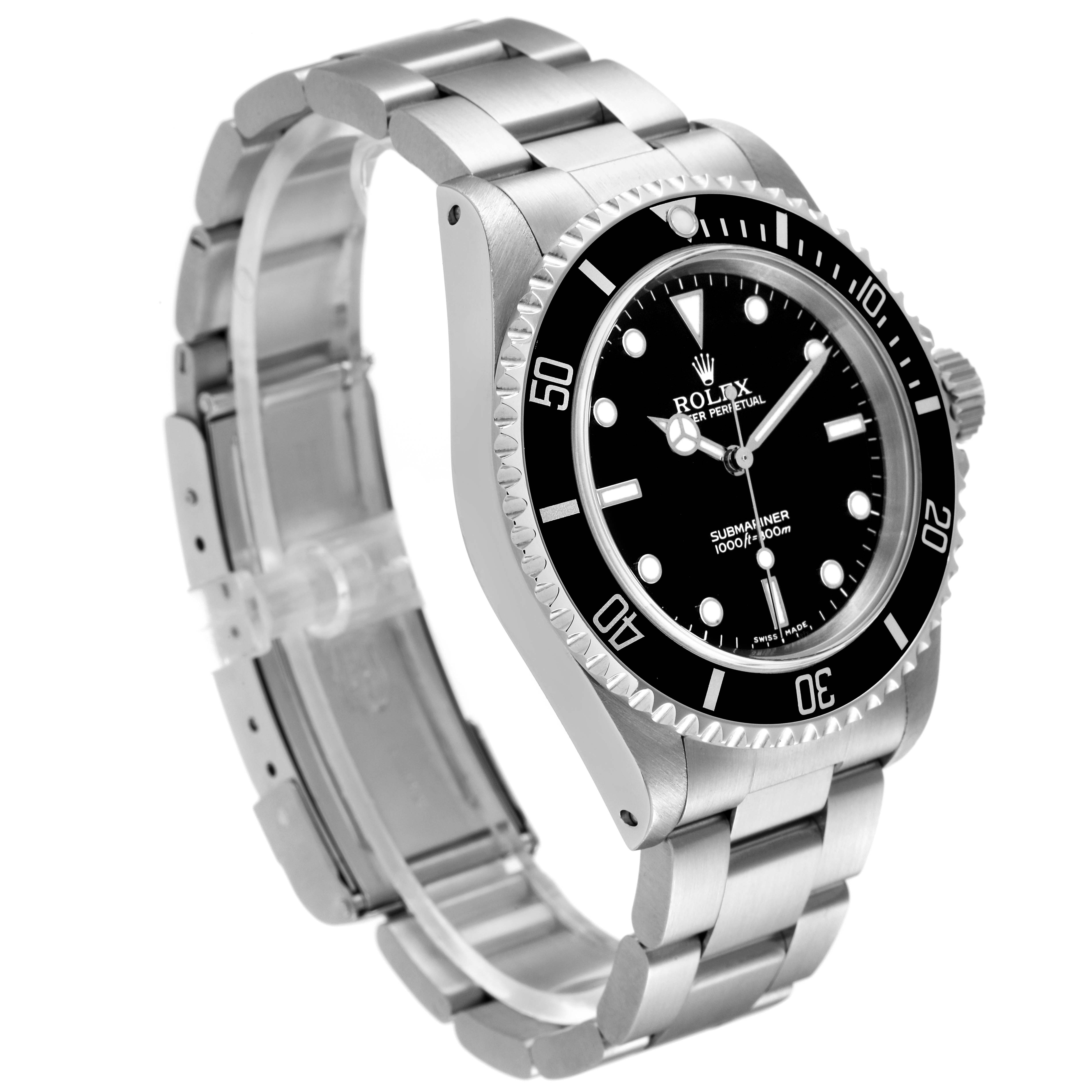 The image shows a Rolex Submariner 14060 Men
s Stainless Steel Black Dial 14060 Men
s Stainless Steel Black Dial watch at a 3/4 angle, highlighting the face, bezel, crown, and metal bracelet.
