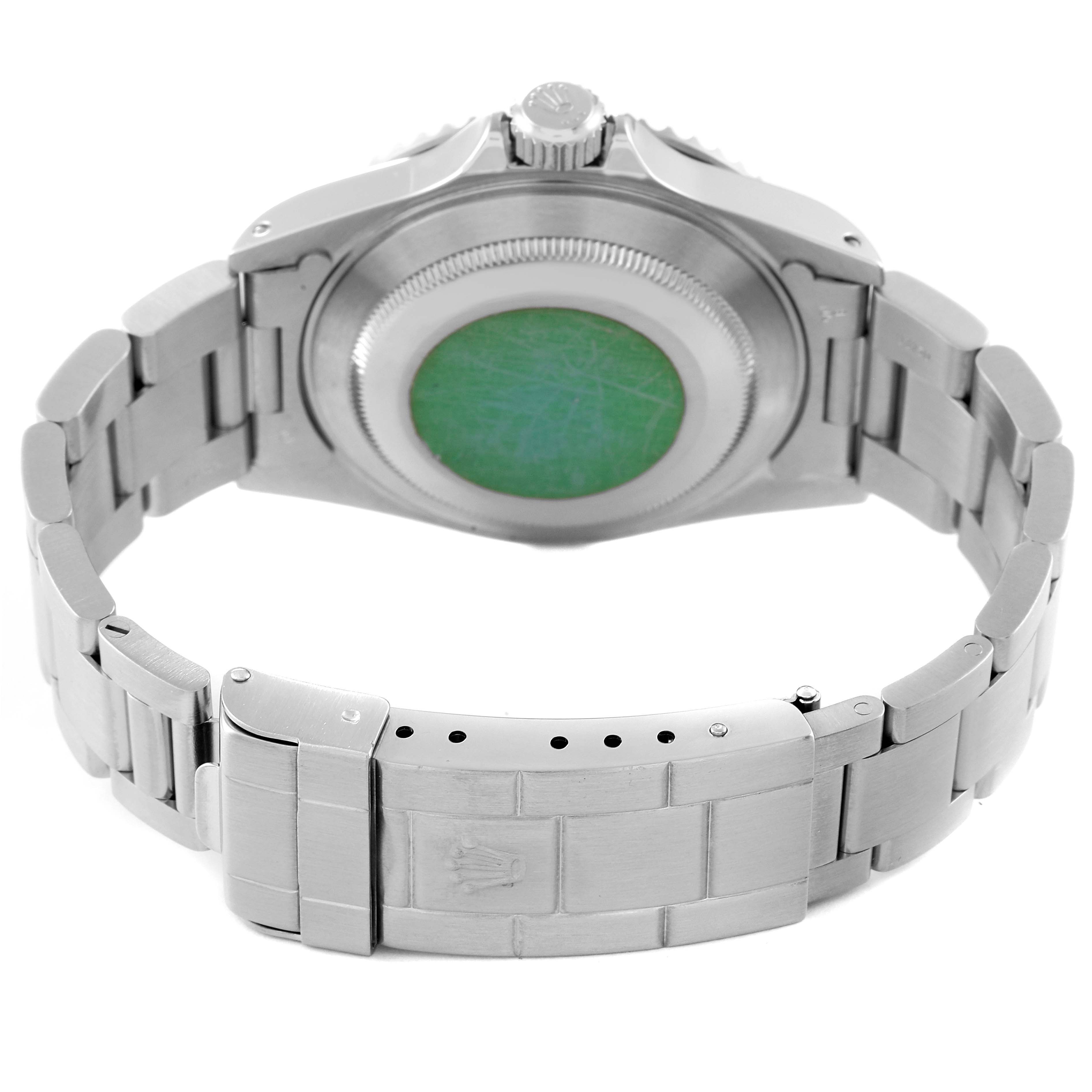 The image shows the back and clasp of a Rolex Submariner 14060 Men
s Stainless Steel Black Dial 14060 Men
s Stainless Steel Black Dial watch, highlighting its case and bracelet.