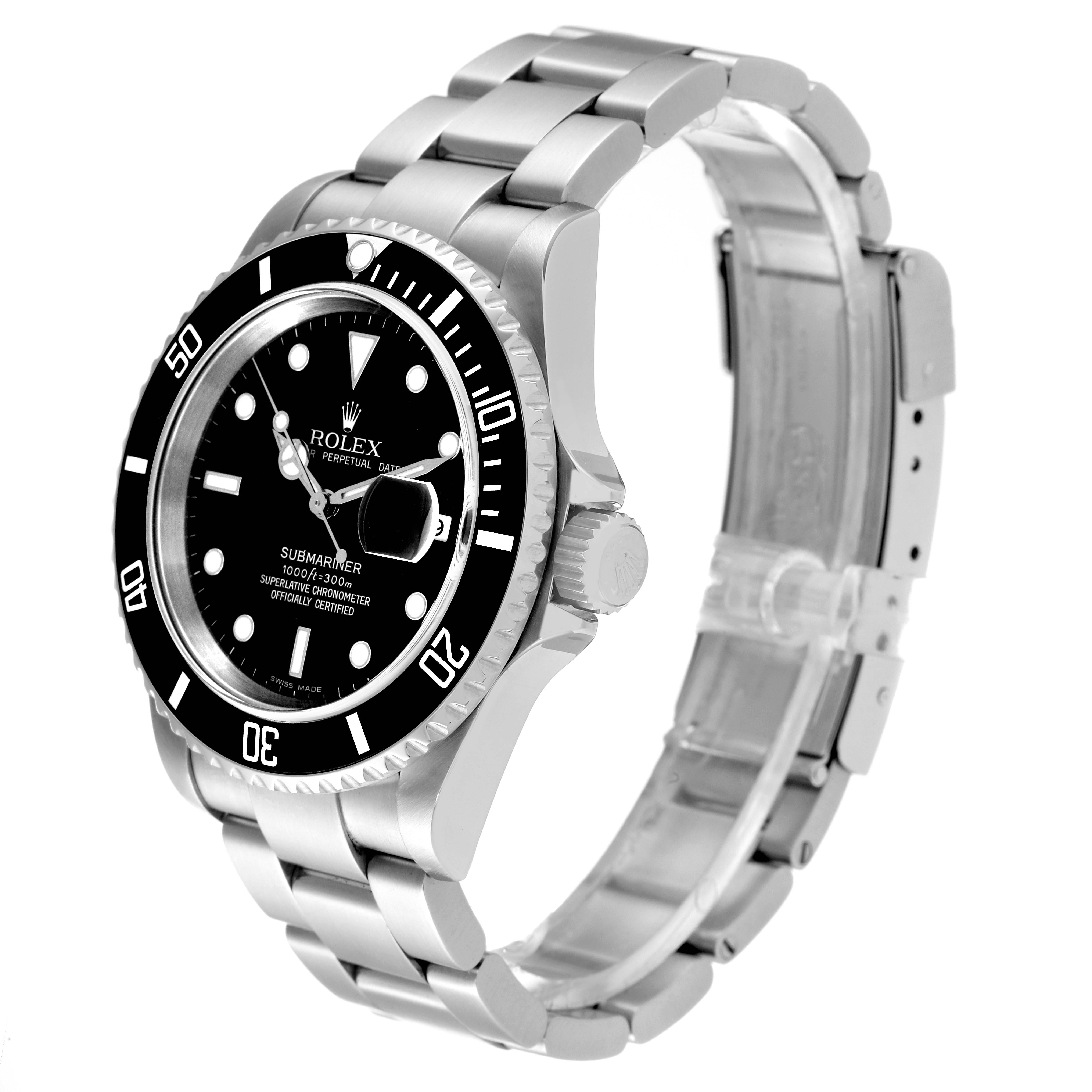The image shows a Rolex Submariner 16610 Men
s Stainless Steel Black Dial 16610 Men
s Stainless Steel Black Dial watch at an angle showcasing the face, bezel, crown, and bracelet.