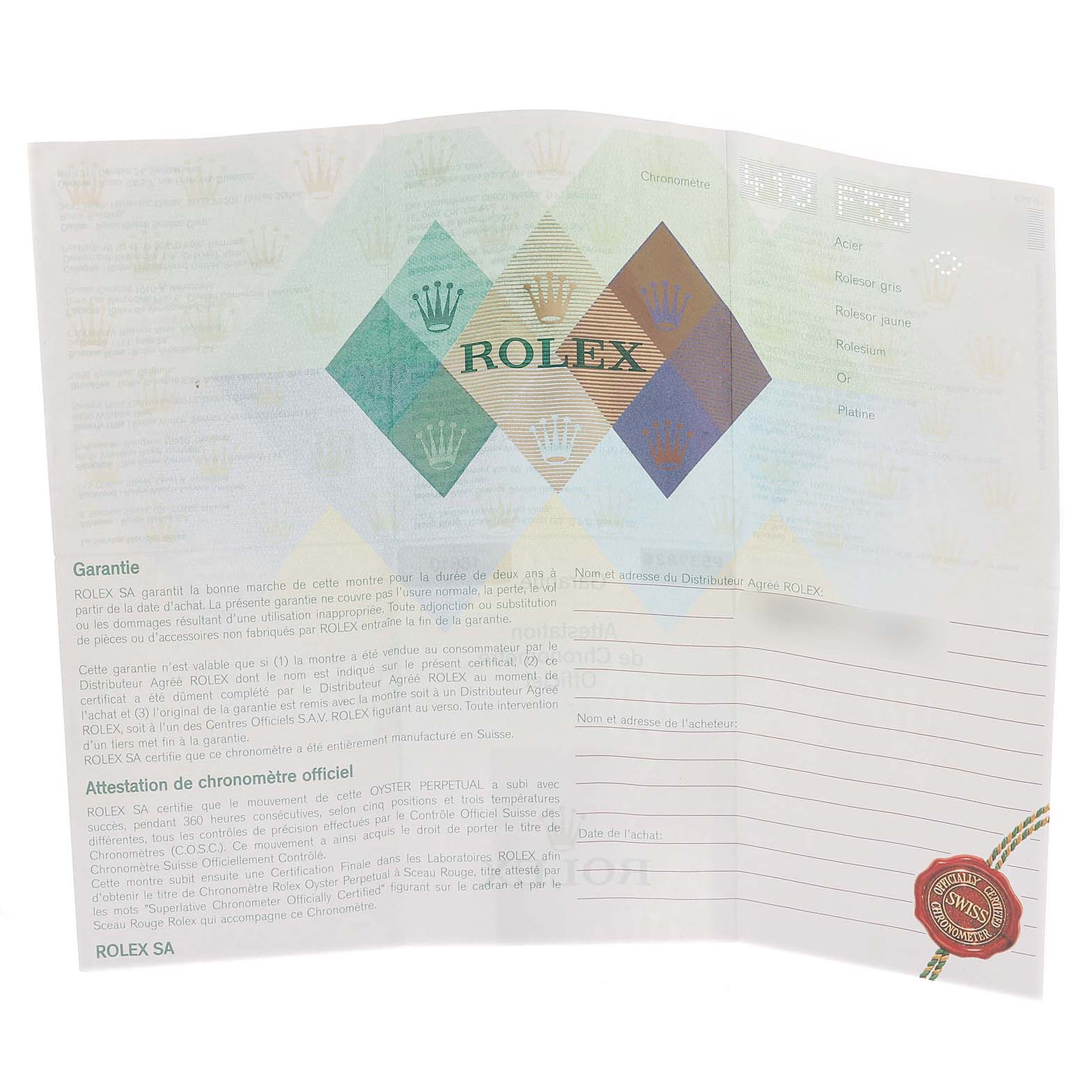 The image shows a Rolex warranty and certification card for a Submariner model.