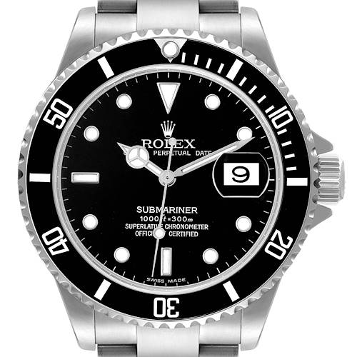 This image shows a front view of the Rolex Submariner watch highlighting its dial, bezel, and crown.