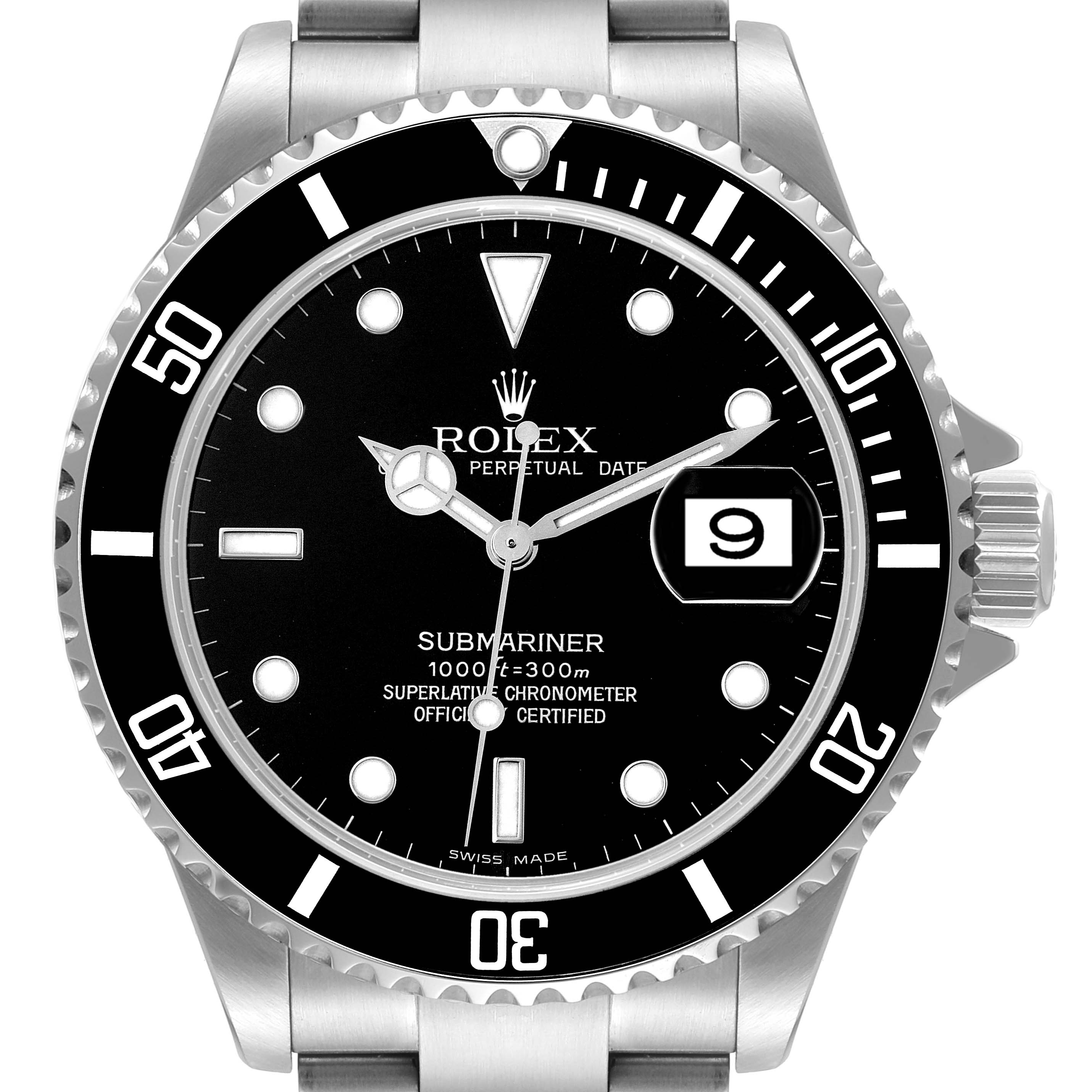 This is a front view of a Rolex Submariner 16610 Men
s Stainless Steel Black Dial 16610 Men
s Stainless Steel Black Dial watch, showcasing its dial, bezel, and part of the bracelet.