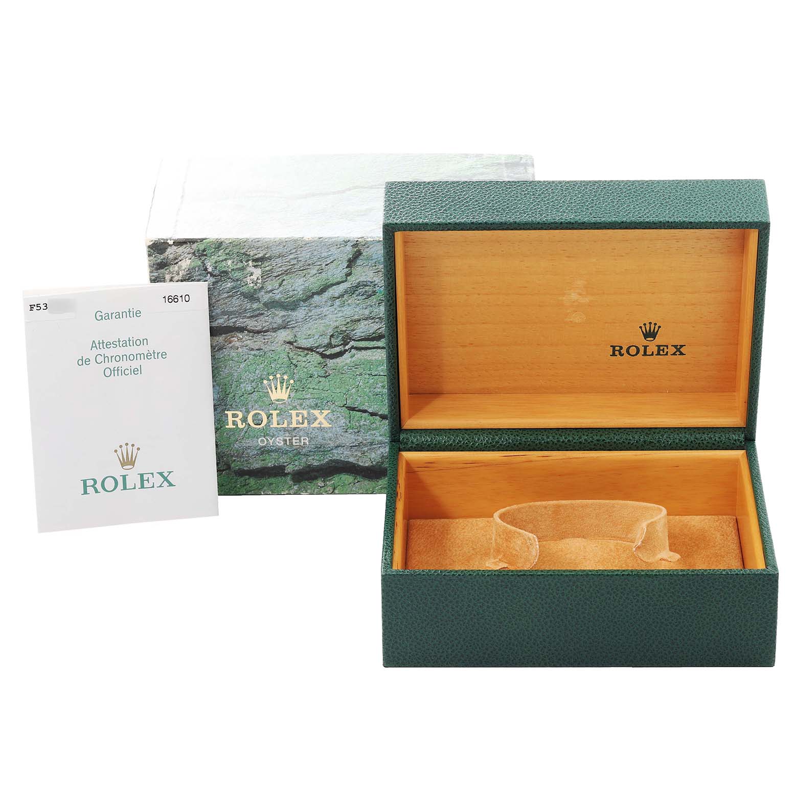 The image shows an empty green Rolex Submariner 16610 Men
s Stainless Steel Black Dial 16610 Men
s Stainless Steel Black Dial watch box, its outer box, and a warranty card.