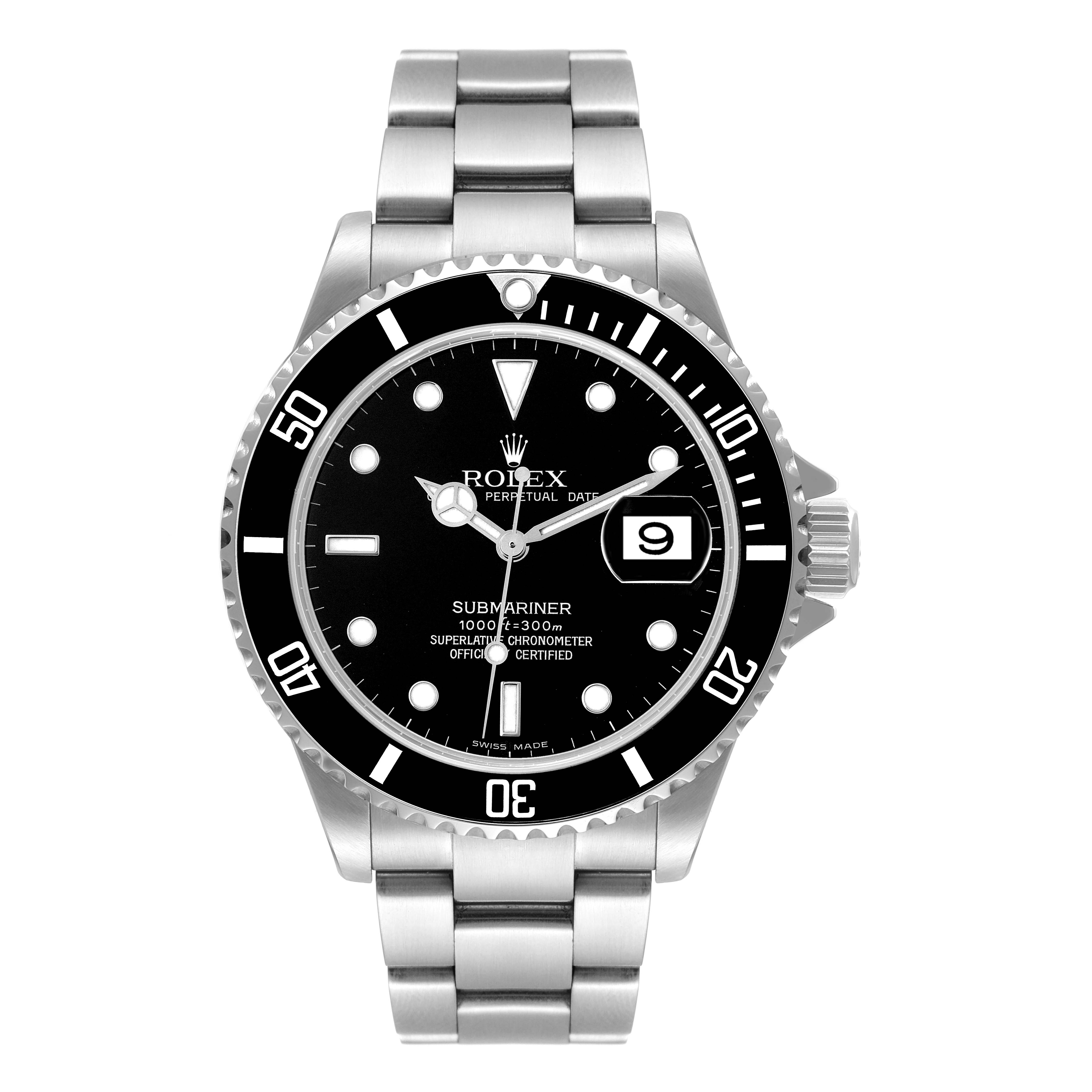 The image shows a front view of a Rolex Submariner 16610 Men
s Stainless Steel Black Dial 16610 Men
s Stainless Steel Black Dial watch, highlighting its face, bezel, and bracelet.
