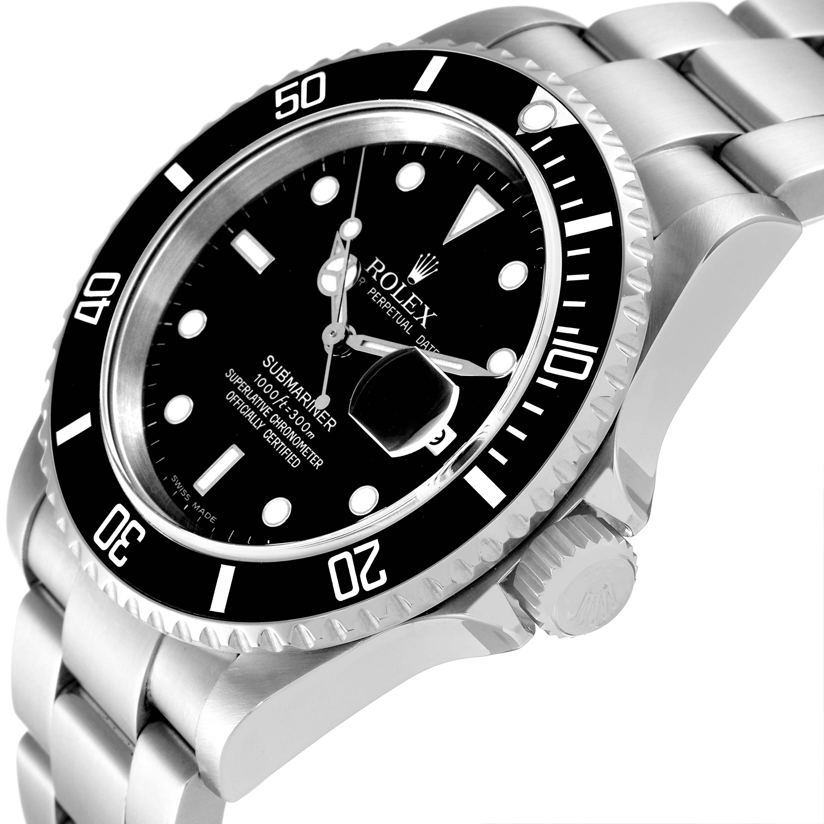 The image shows a Rolex Submariner 16610 Men
s Stainless Steel Black Dial 16610 Men
s Stainless Steel Black Dial watch from a side angle displaying the bezel, crown, and part of the bracelet.