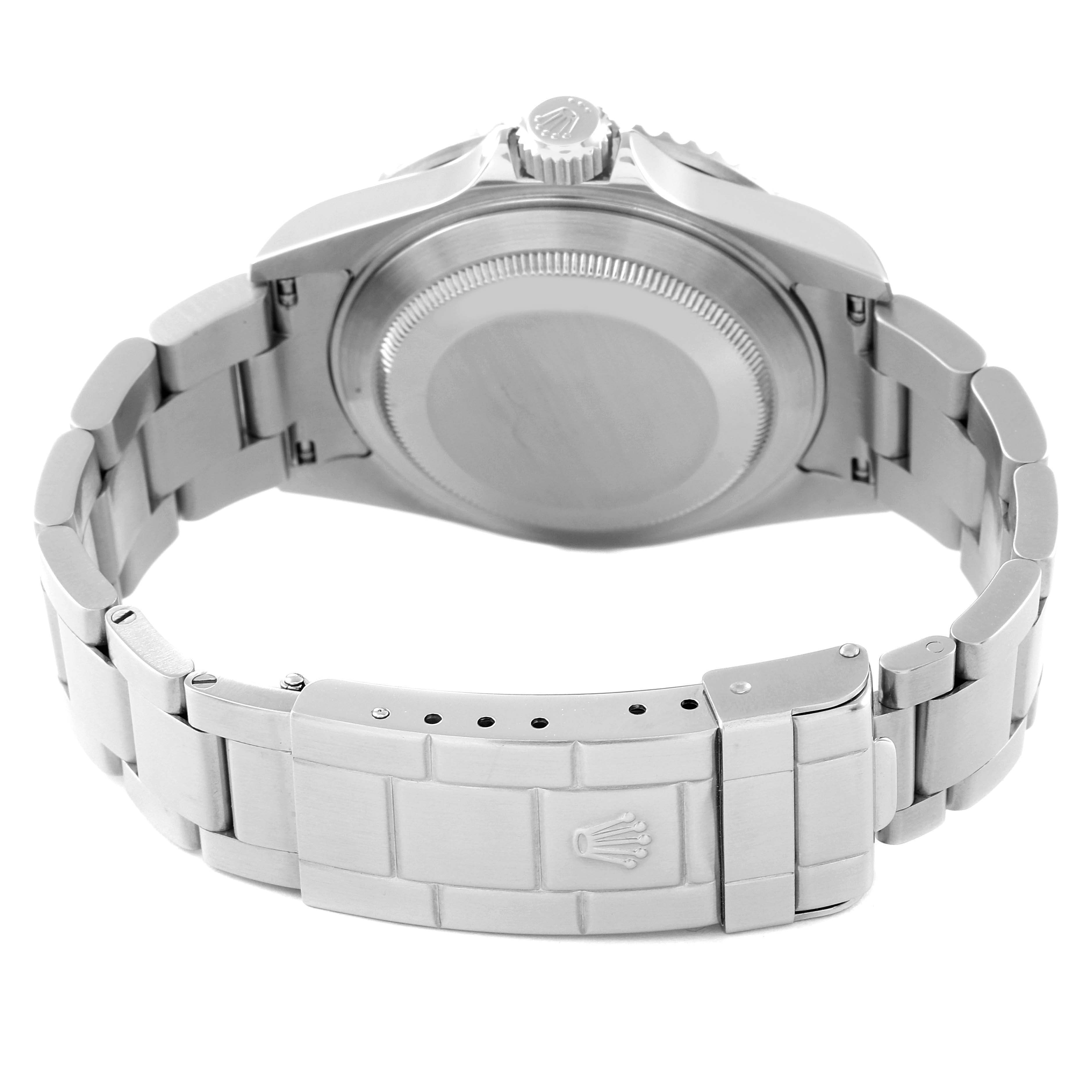 The image shows the back view of the Rolex Submariner 16610 Men
s Stainless Steel Black Dial 16610 Men
s Stainless Steel Black Dial model, highlighting the case back and bracelet clasp.