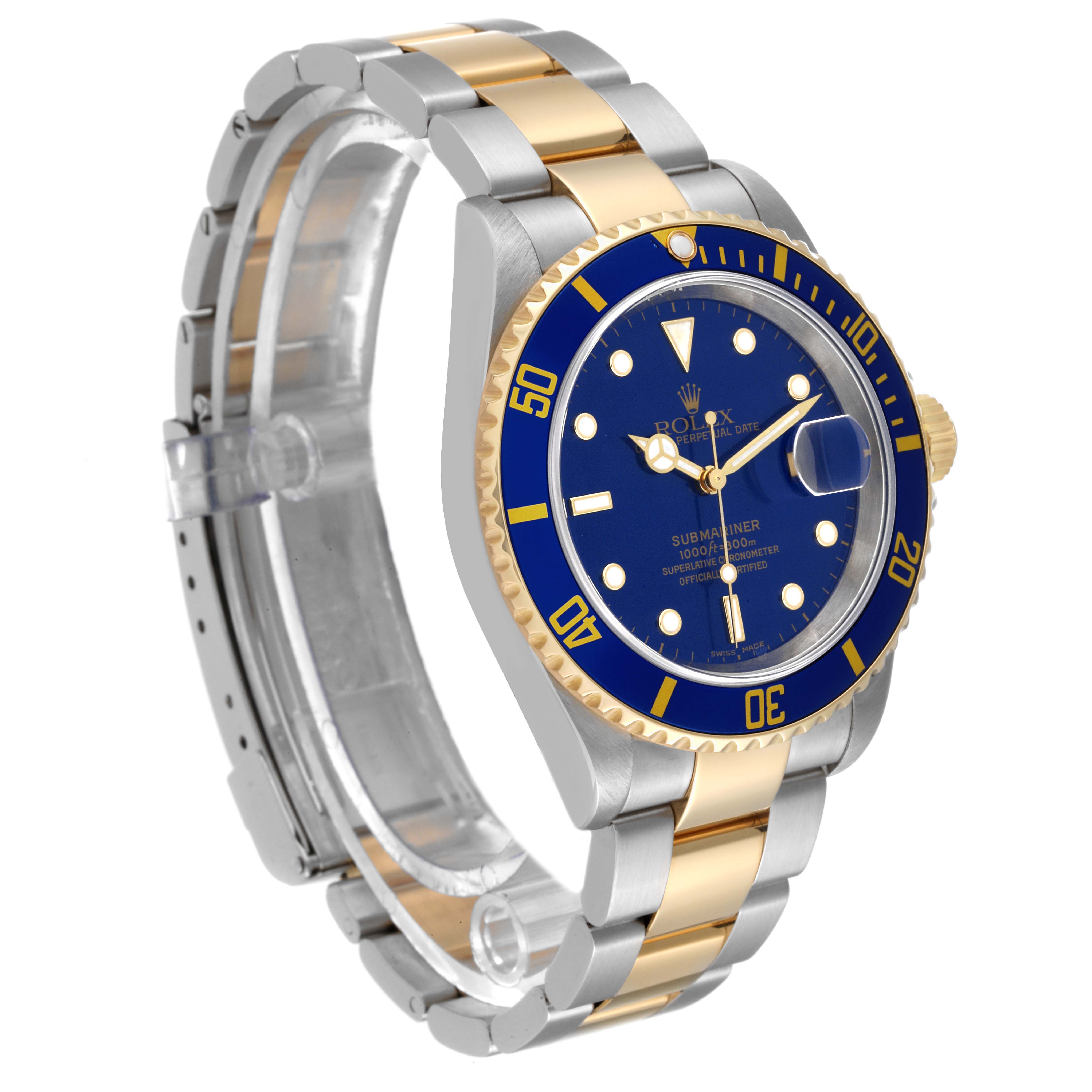 The Rolex Submariner 16613 Men's Steel and Gold (two tone) Blue Dial 16613 Men's Steel and Gold (two tone) Blue Dial is shown at an angle revealing the bezel, dial, and gold/silver bracelet.