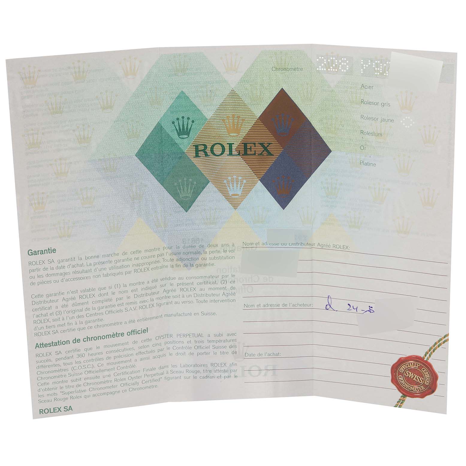 The image shows an open warranty and chronometer certification document for a Rolex Submariner 16613 Men's Steel and Gold (two tone) Blue Dial 16613 Men's Steel and Gold (two tone) Blue Dial watch.