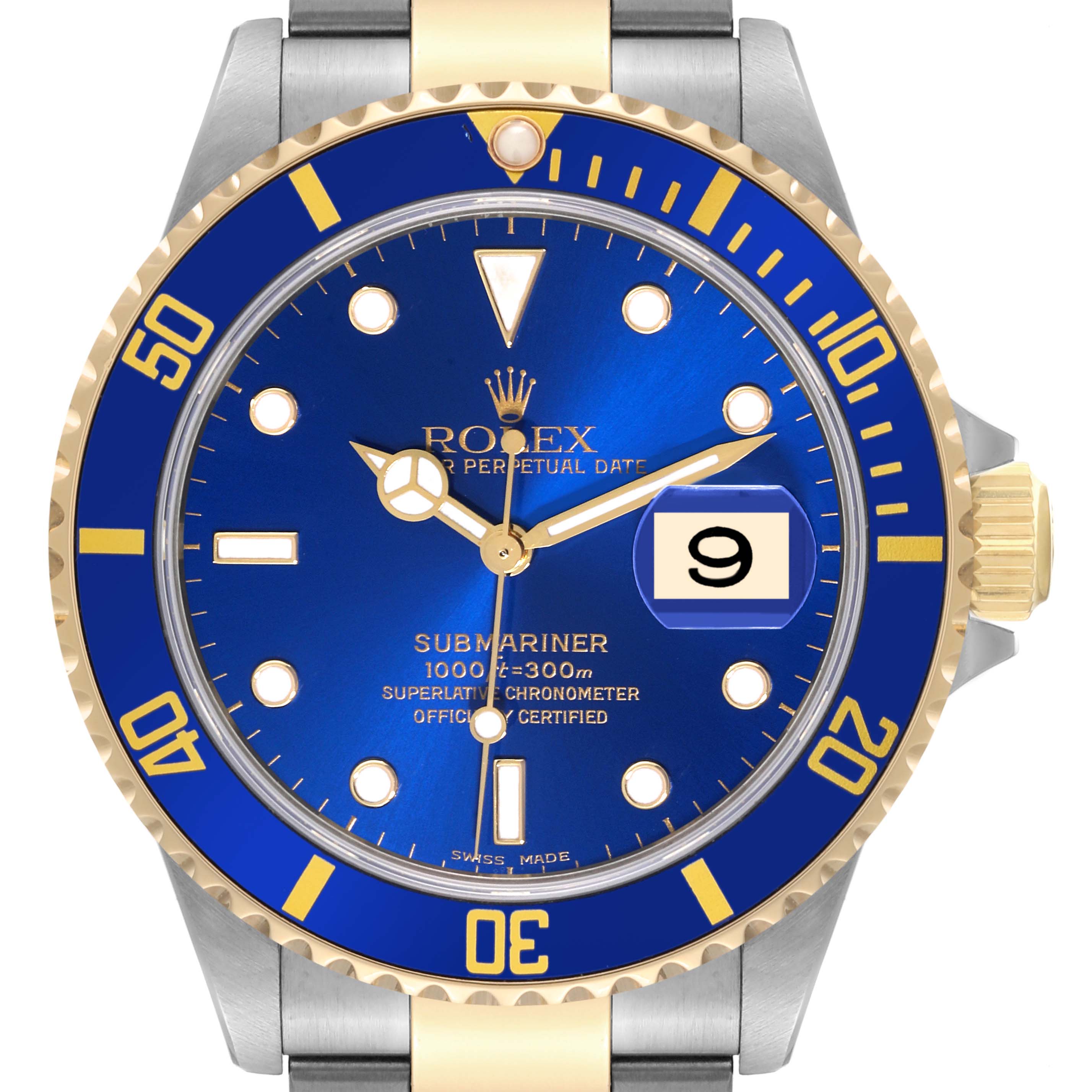 This image shows the face of a Rolex Submariner 16613 Men's Steel and Gold (two tone) Blue Dial 16613 Men's Steel and Gold (two tone) Blue Dial watch with a blue dial and bezel, gold accents, and oyster bracelet.