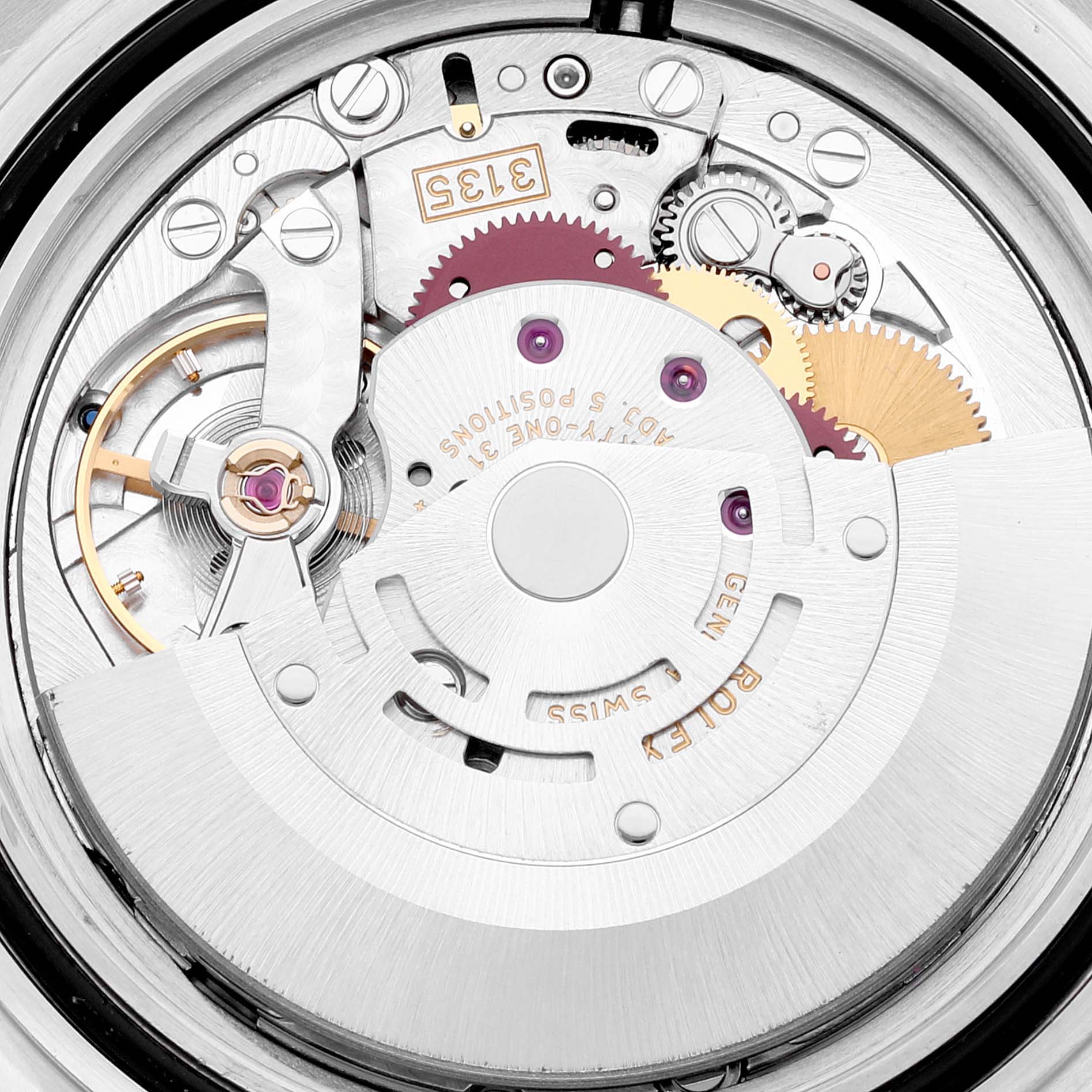 The image shows a close-up view of the movement inside a Rolex Submariner 16613 Men's Steel and Gold (two tone) Blue Dial 16613 Men's Steel and Gold (two tone) Blue Dial watch, detailing gears and components.