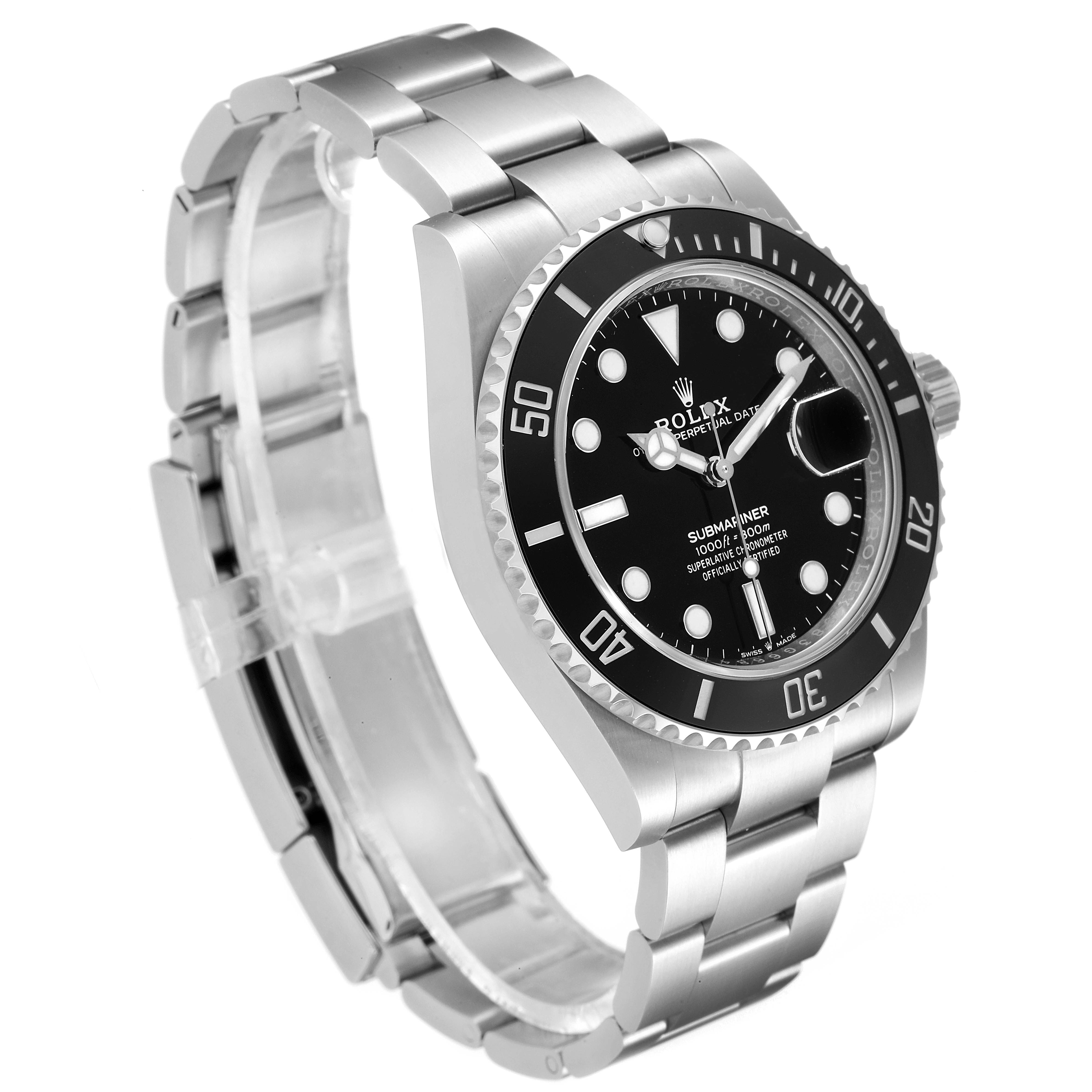 The image shows a Rolex Submariner 126610 Men
s Stainless Steel Black Dial 126610 Men
s Stainless Steel Black Dial watch at a slight angle, highlighting its black dial, bezel, and metal bracelet.