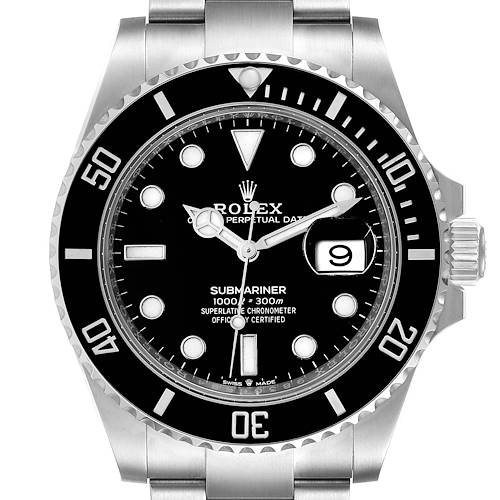 This image shows a front view of the Rolex Submariner, highlighting the dial, bezel, and partially the bracelet.