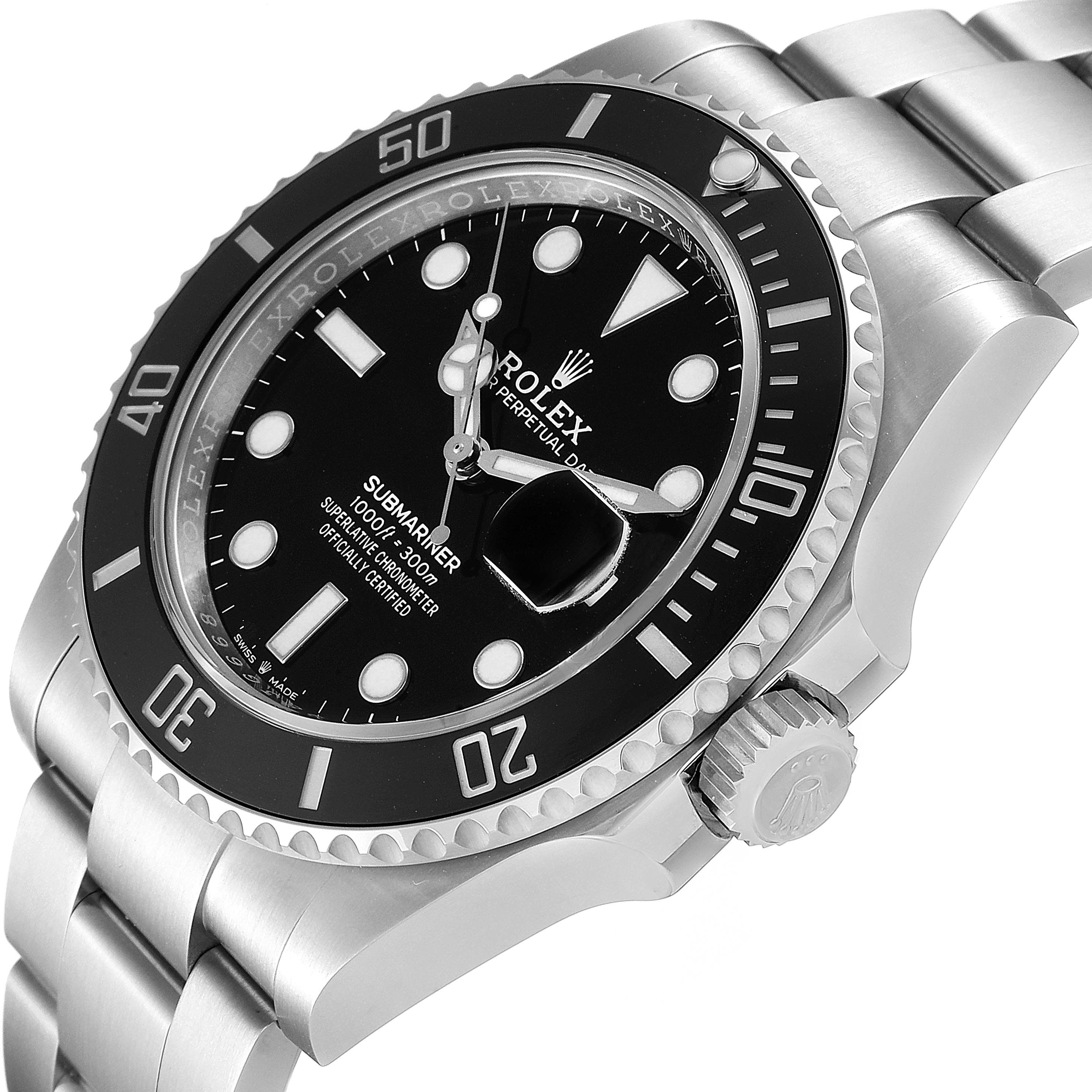 The image shows a close-up angle of the Rolex Submariner 126610 Men
s Stainless Steel Black Dial 126610 Men
s Stainless Steel Black Dial watch, highlighting the bezel, dial, crown, and part of the bracelet.