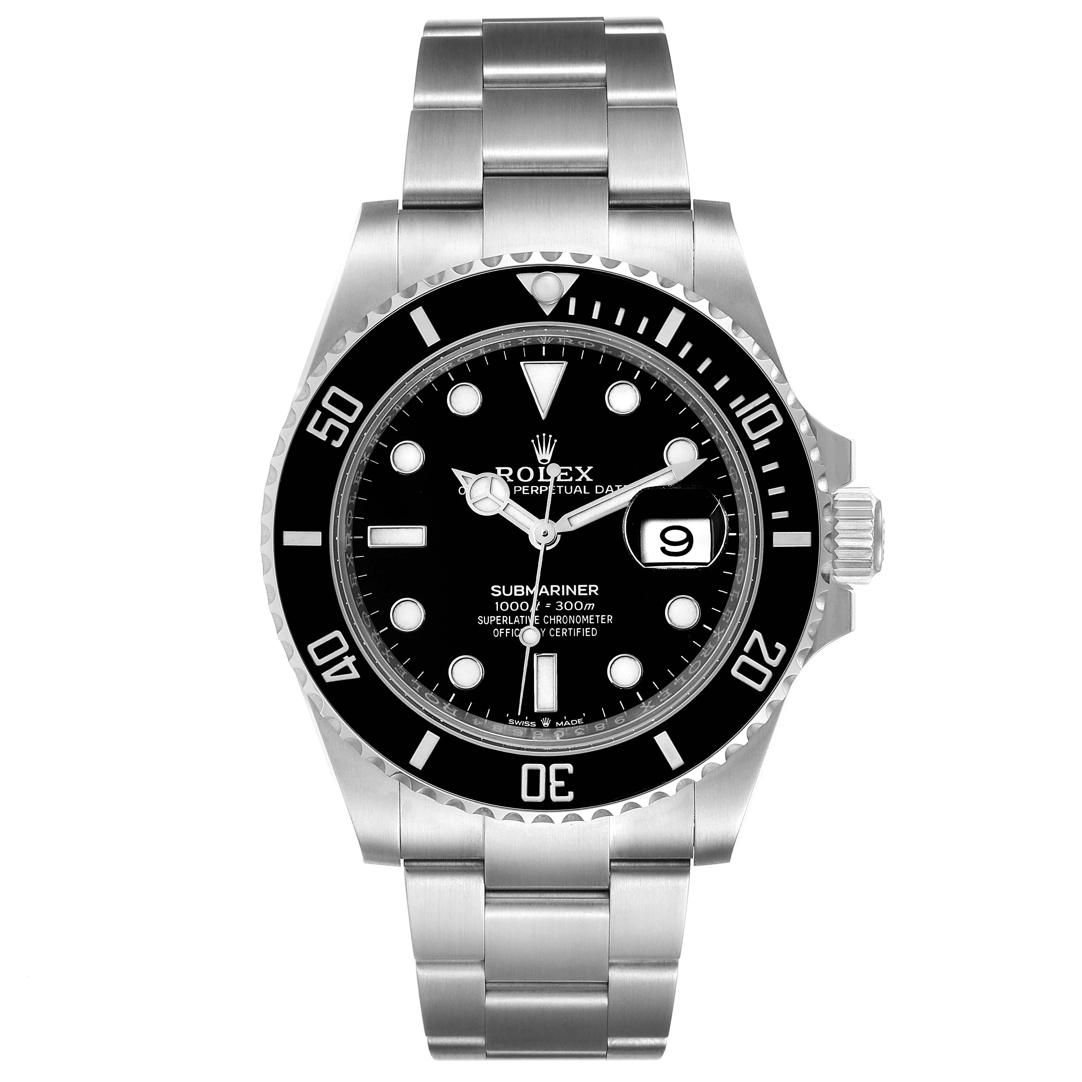 This image shows a front view of the Rolex Submariner 126610 Men
s Stainless Steel Black Dial 126610 Men
s Stainless Steel Black Dial watch, highlighting its bezel, dial, hands, and bracelet.