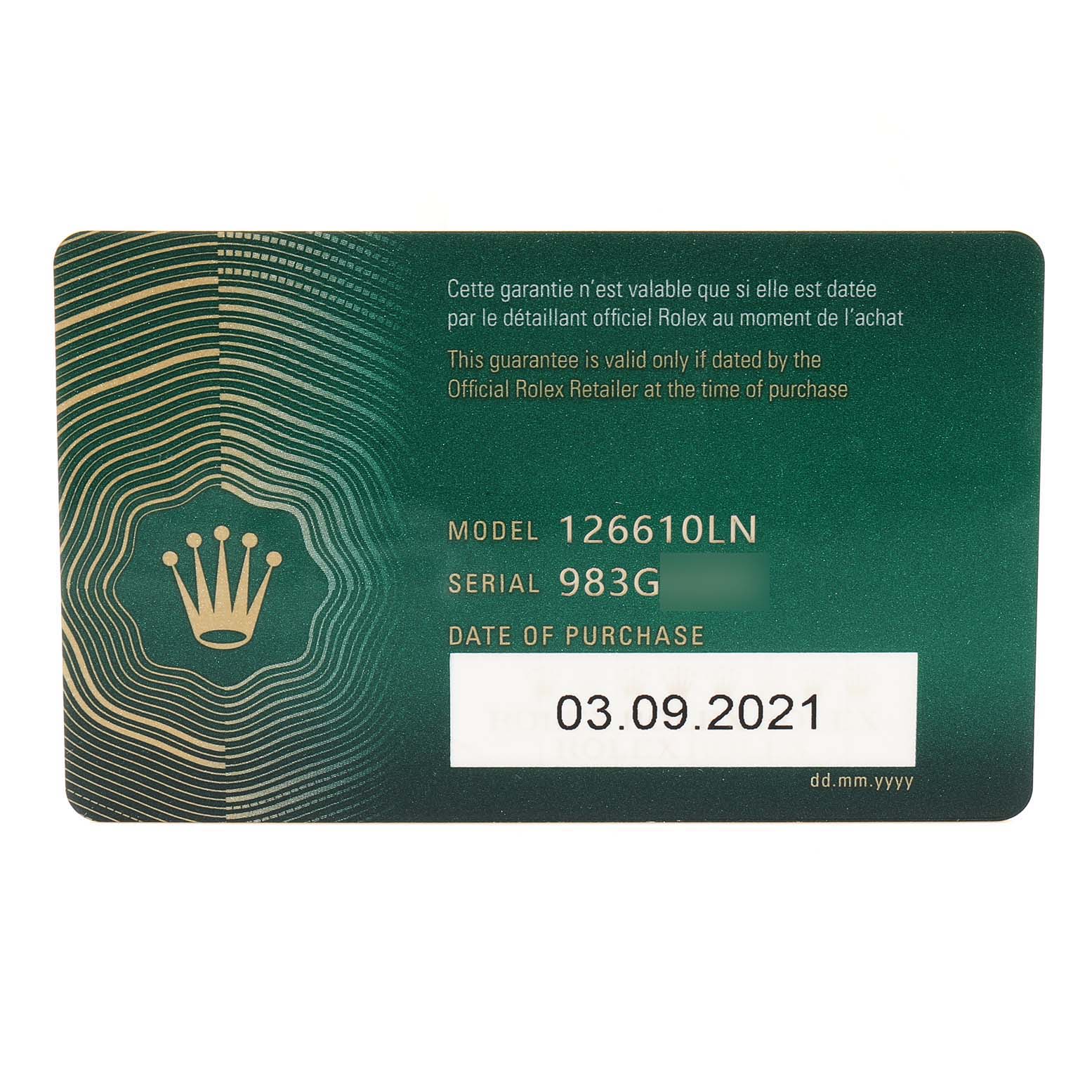 The image shows the guarantee card for a Rolex Submariner 126610 Men
s Stainless Steel Black Dial 126610 Men
s Stainless Steel Black Dial model 126610LN, detailing the serial number and the purchase date.