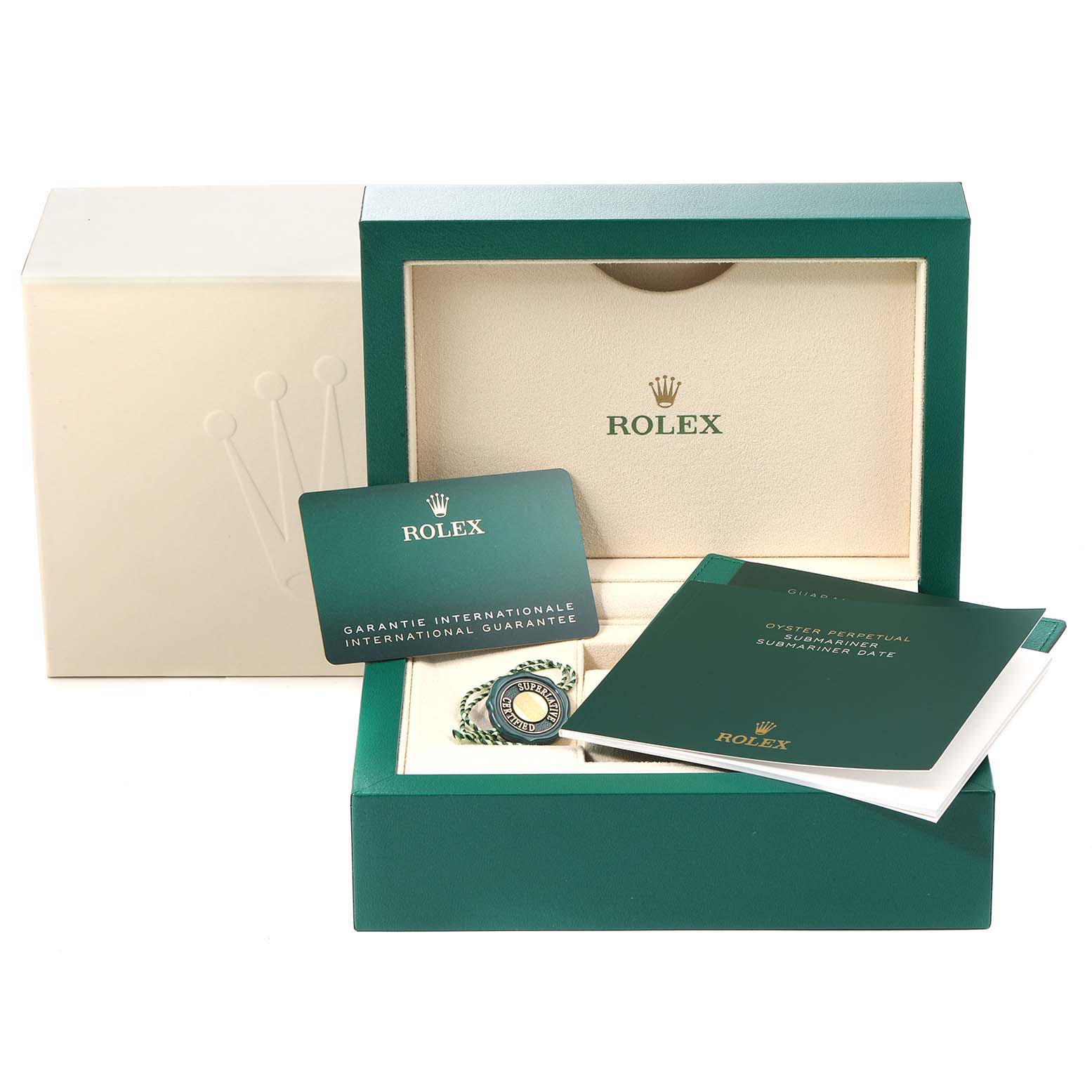 The image shows a Rolex Submariner 126610 Men
s Stainless Steel Black Dial 126610 Men
s Stainless Steel Black Dial watch box with the international guarantee card and instruction booklets.