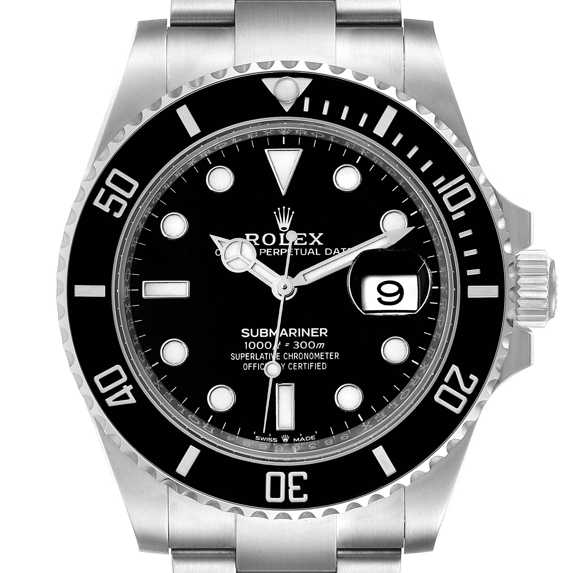 The image shows a front view of the Rolex Submariner 126610 Men
s Stainless Steel Black Dial 126610 Men
s Stainless Steel Black Dial watch, highlighting its bezel, dial, date window, and markers.