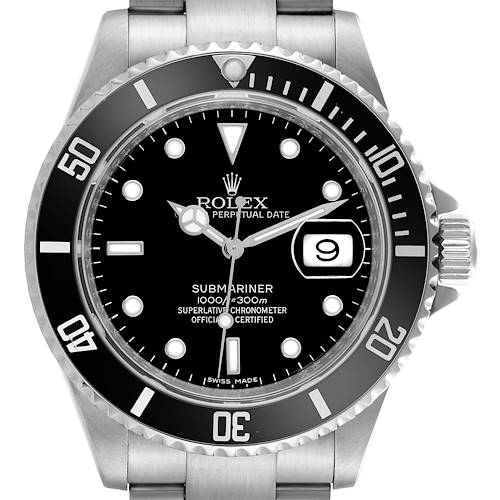 The Rolex Submariner watch is shown from a front angle, displaying the bezel, dial, and part of the bracelet.