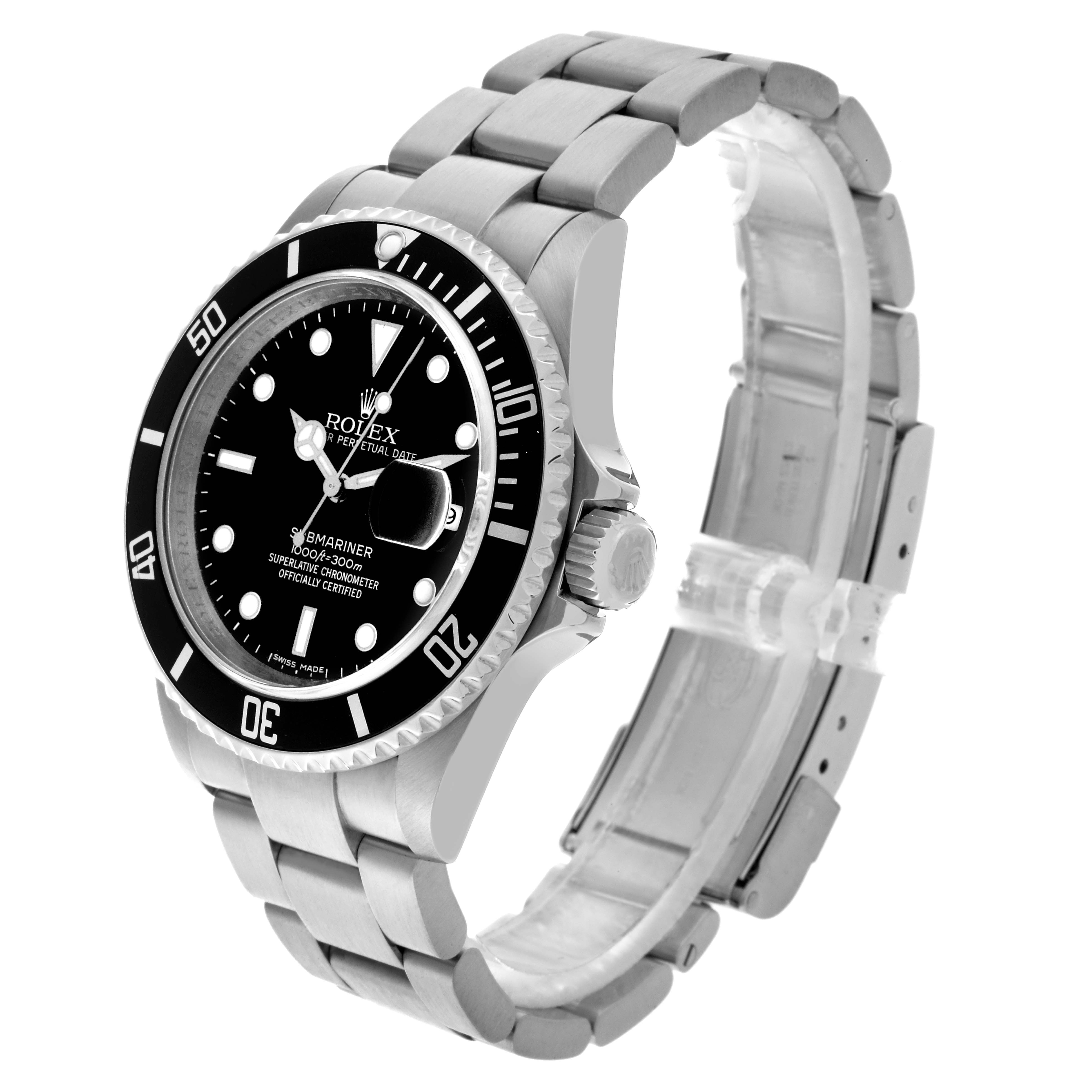 The photo shows a side view of the Rolex Submariner 16610T Men's Stainless Steel Black Dial 16610T Men's Stainless Steel Black Dial, highlighting the dial, bezel, crown, and bracelet.