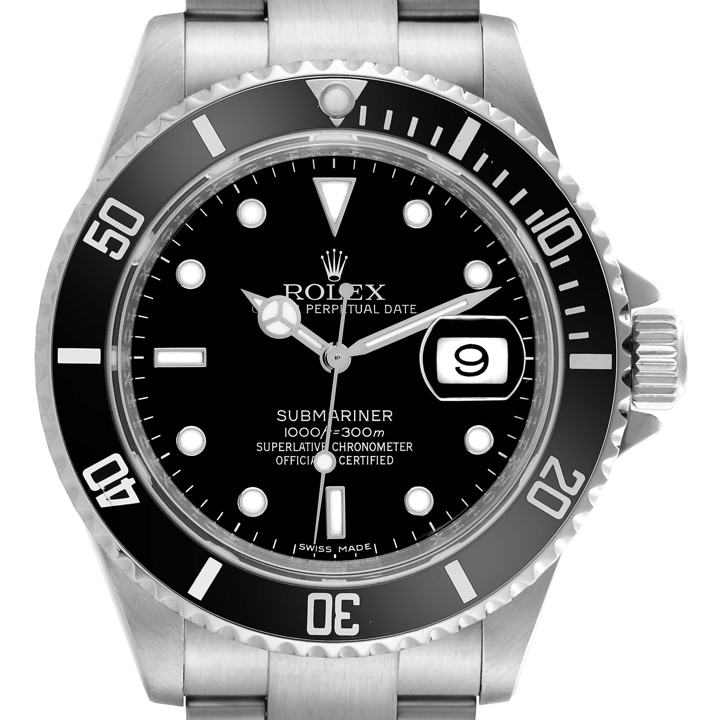 The Rolex Submariner 16610T Men's Stainless Steel Black Dial 16610T Men's Stainless Steel Black Dial is shown from the front, displaying the dial, bezel, hands, date window, and part of the bracelet.