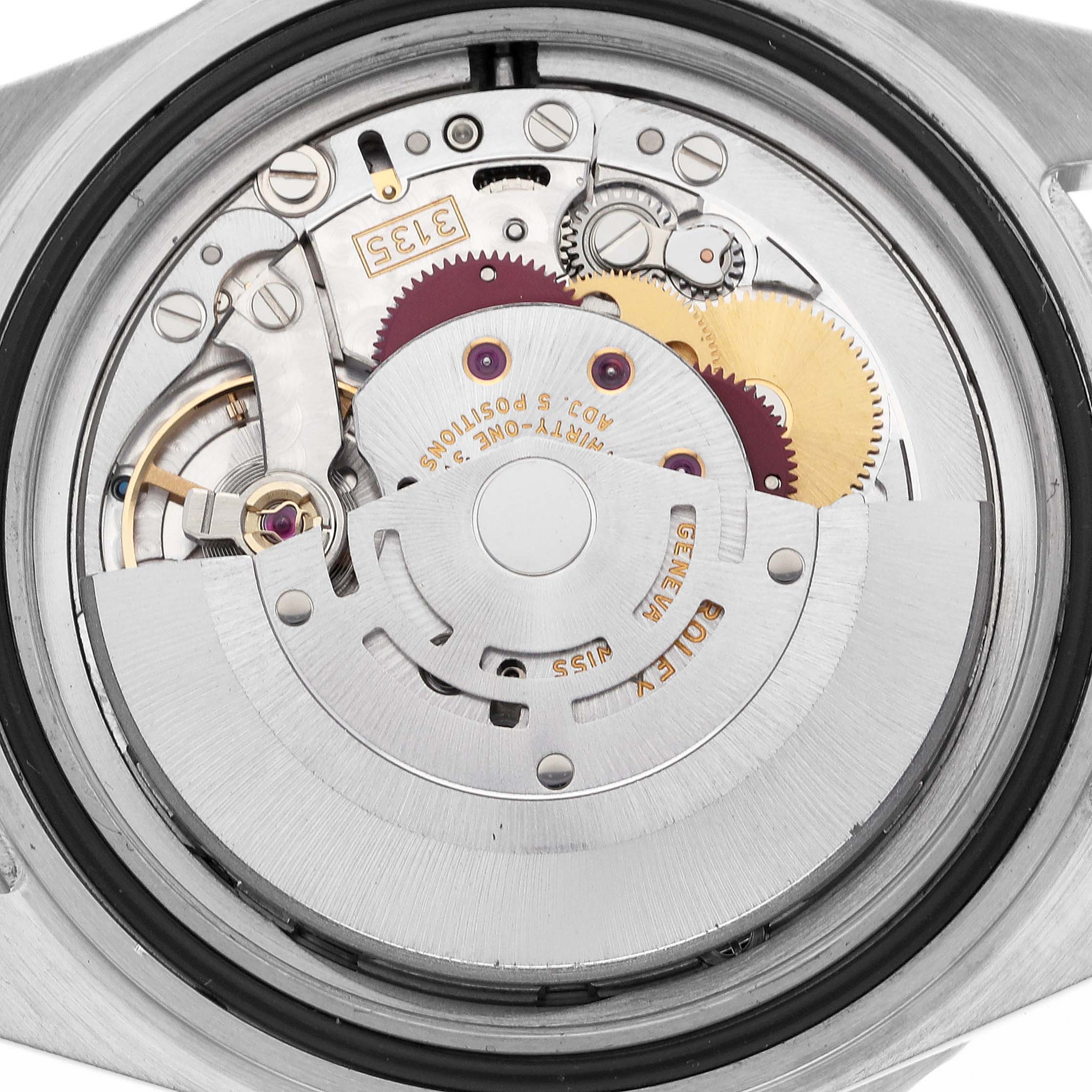 The image shows the intricate movement of a Rolex Submariner 16610T Men's Stainless Steel Black Dial 16610T Men's Stainless Steel Black Dial watch from a back view angle.