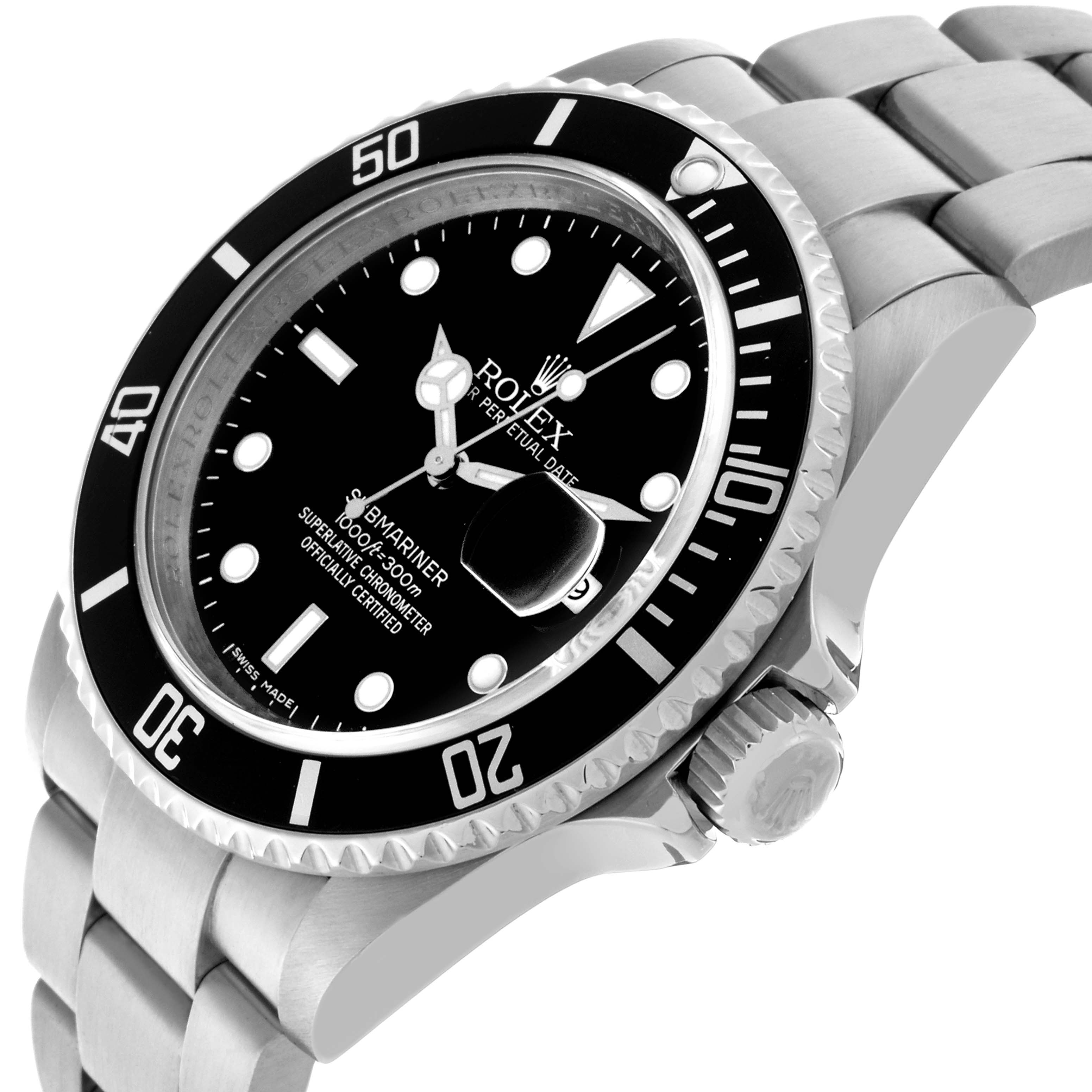 The Rolex Submariner 16610T Men's Stainless Steel Black Dial 16610T Men's Stainless Steel Black Dial is shown at an angle highlighting the dial, bezel, crown, and part of the bracelet.