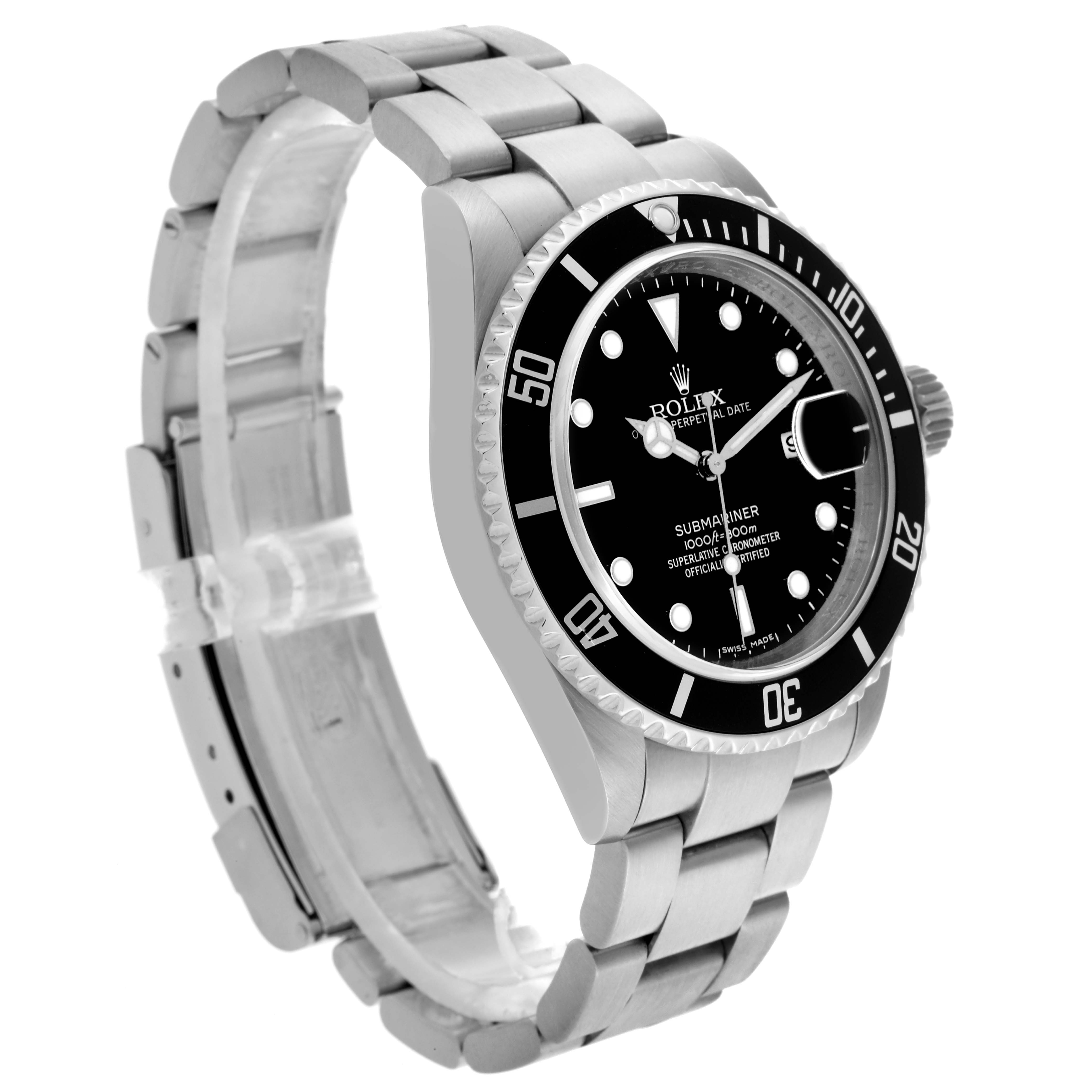 The Rolex Submariner 16610T Men's Stainless Steel Black Dial 16610T Men's Stainless Steel Black Dial is shown at a three-quarter angle, highlighting the face, bezel, and bracelet.