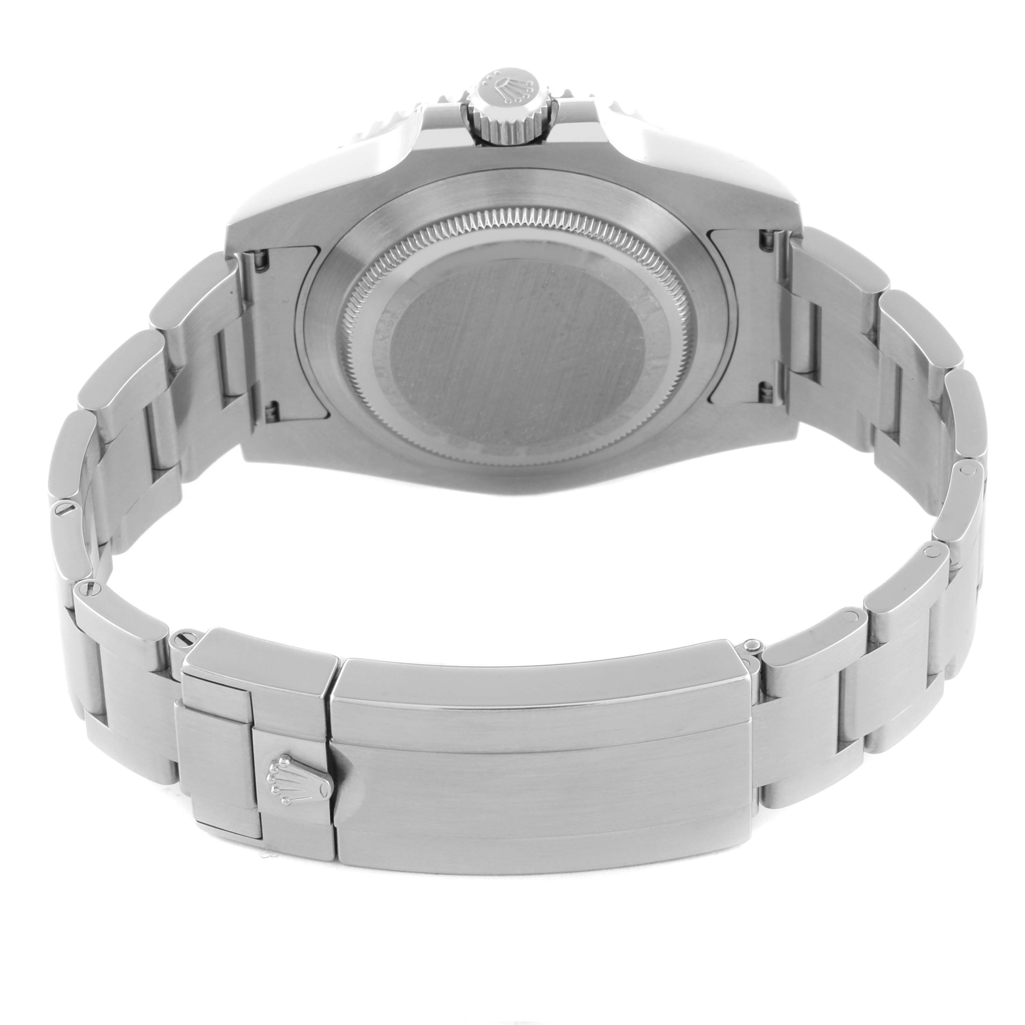 The image shows the back of a Rolex Submariner 116610LV Men's Stainless Steel Green Dial 116610LV Men's Stainless Steel Green Dial watch, highlighting the case back, crown, and bracelet clasp.