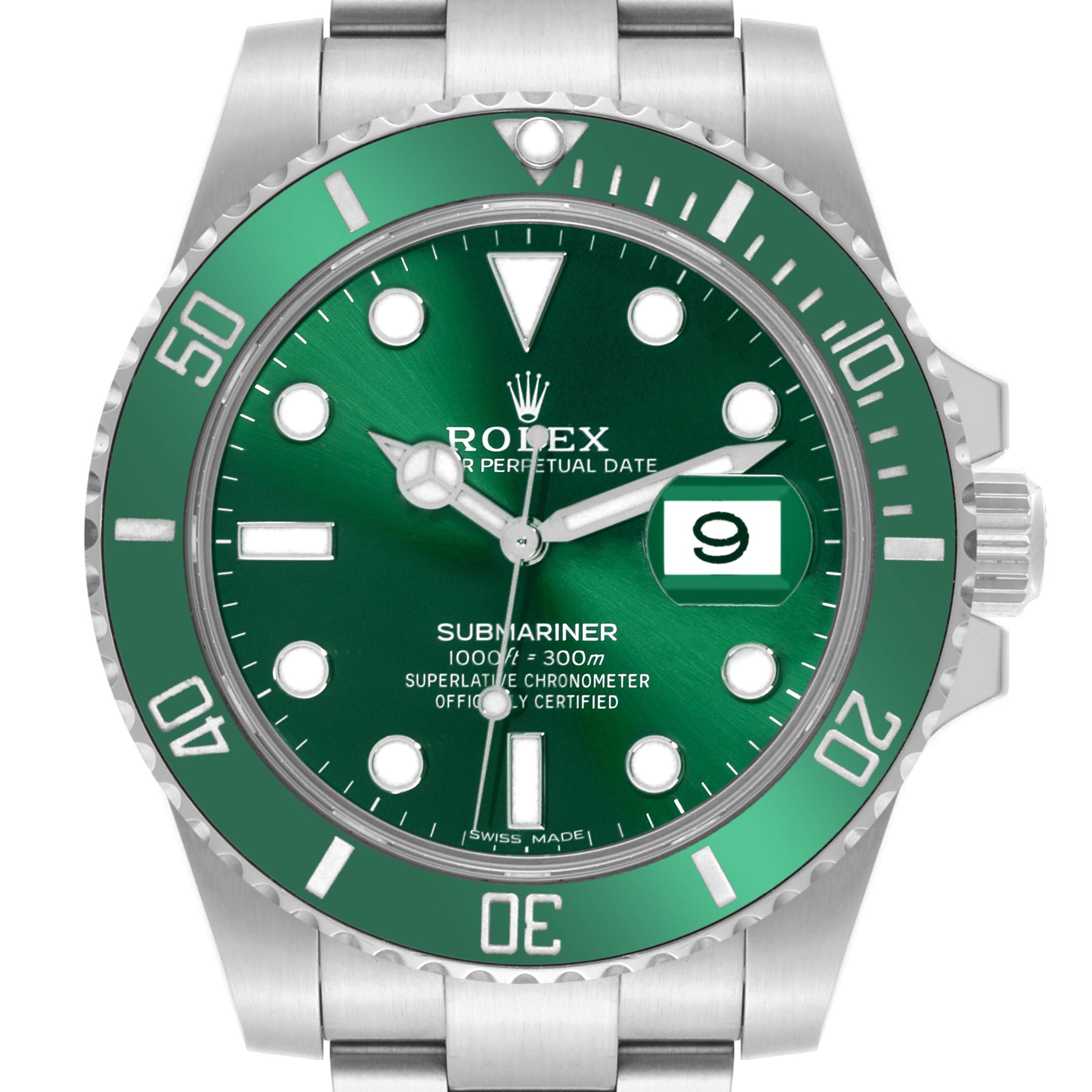 The Rolex Submariner 116610LV Men's Stainless Steel Green Dial 116610LV Men's Stainless Steel Green Dial is shown from the front, displaying its green dial, bezel, and a stainless steel bracelet.