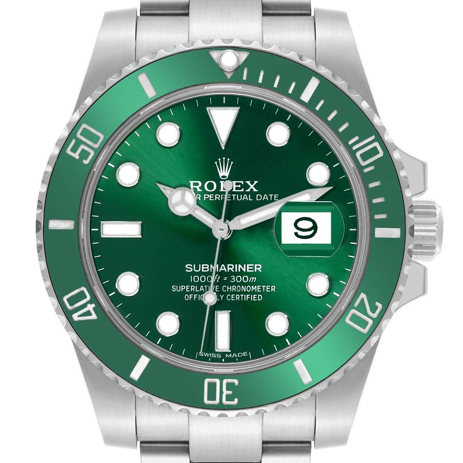 The Rolex Submariner is shown from the front, displaying its green dial, bezel, and a stainless steel bracelet.