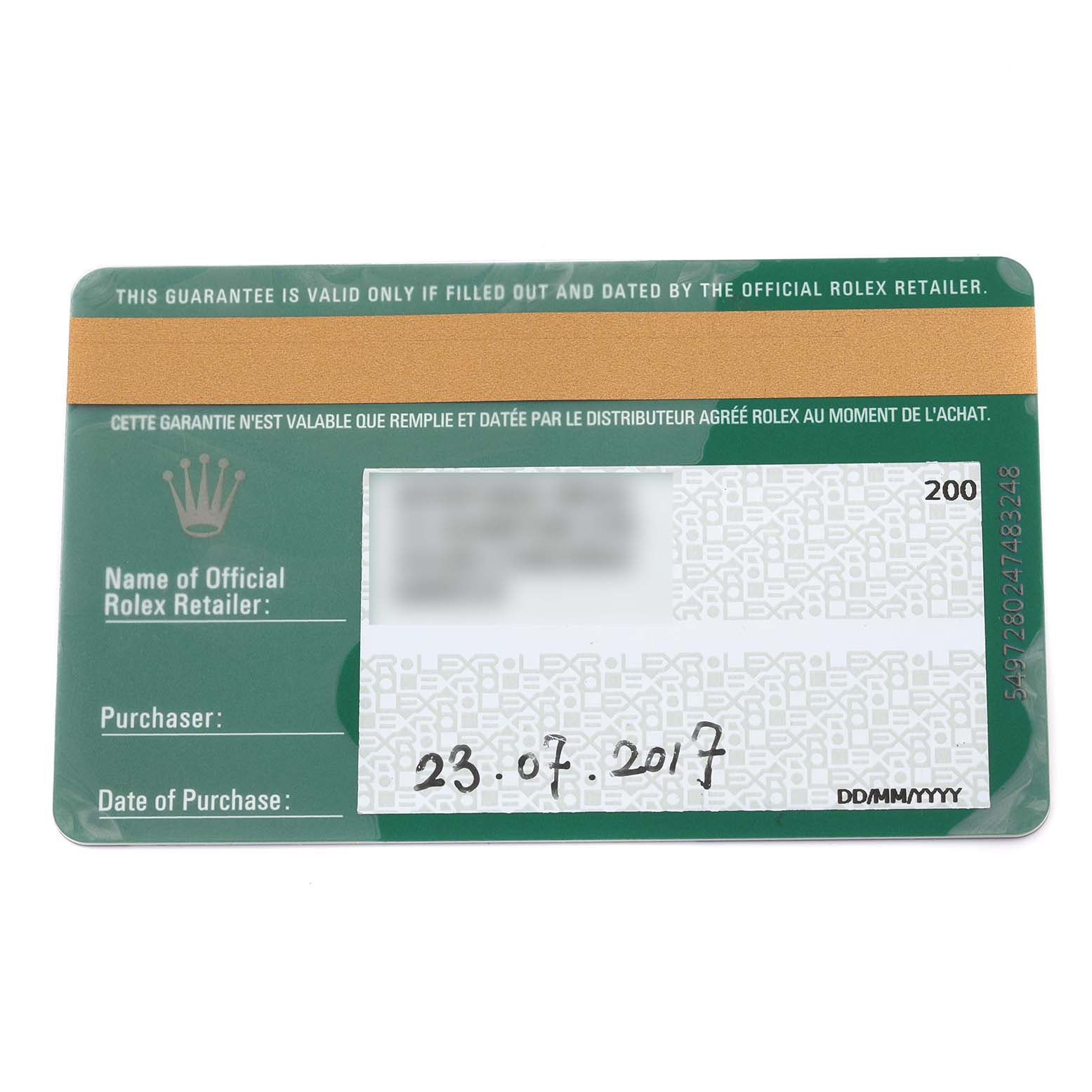 The image shows the guarantee card for a Rolex Submariner 116610LV Men's Stainless Steel Green Dial 116610LV Men's Stainless Steel Green Dial, displaying purchase details and retailer information.