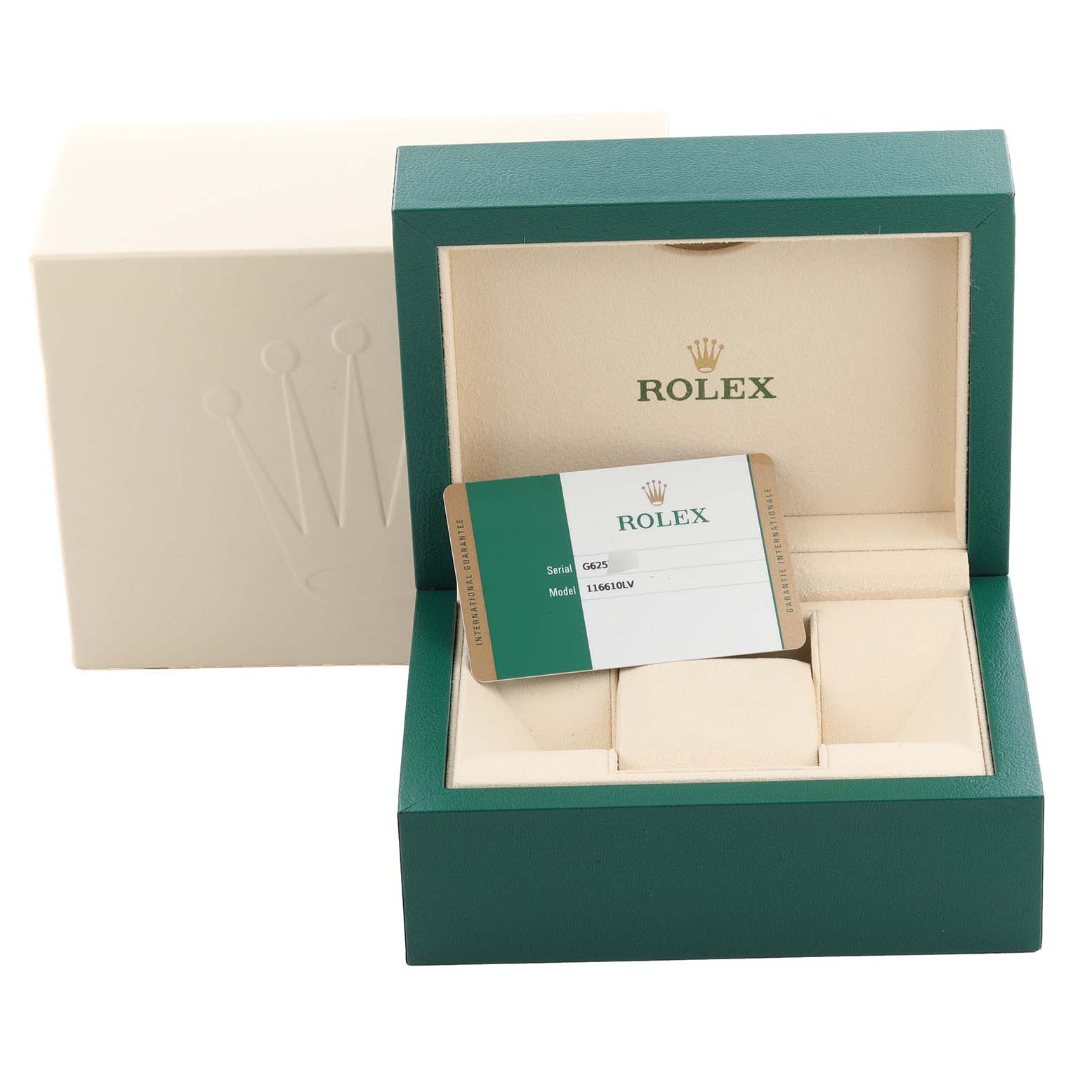 The image shows the box and certificate for a Rolex Submariner 116610LV Men's Stainless Steel Green Dial 116610LV Men's Stainless Steel Green Dial, viewed from the front with the lid open.