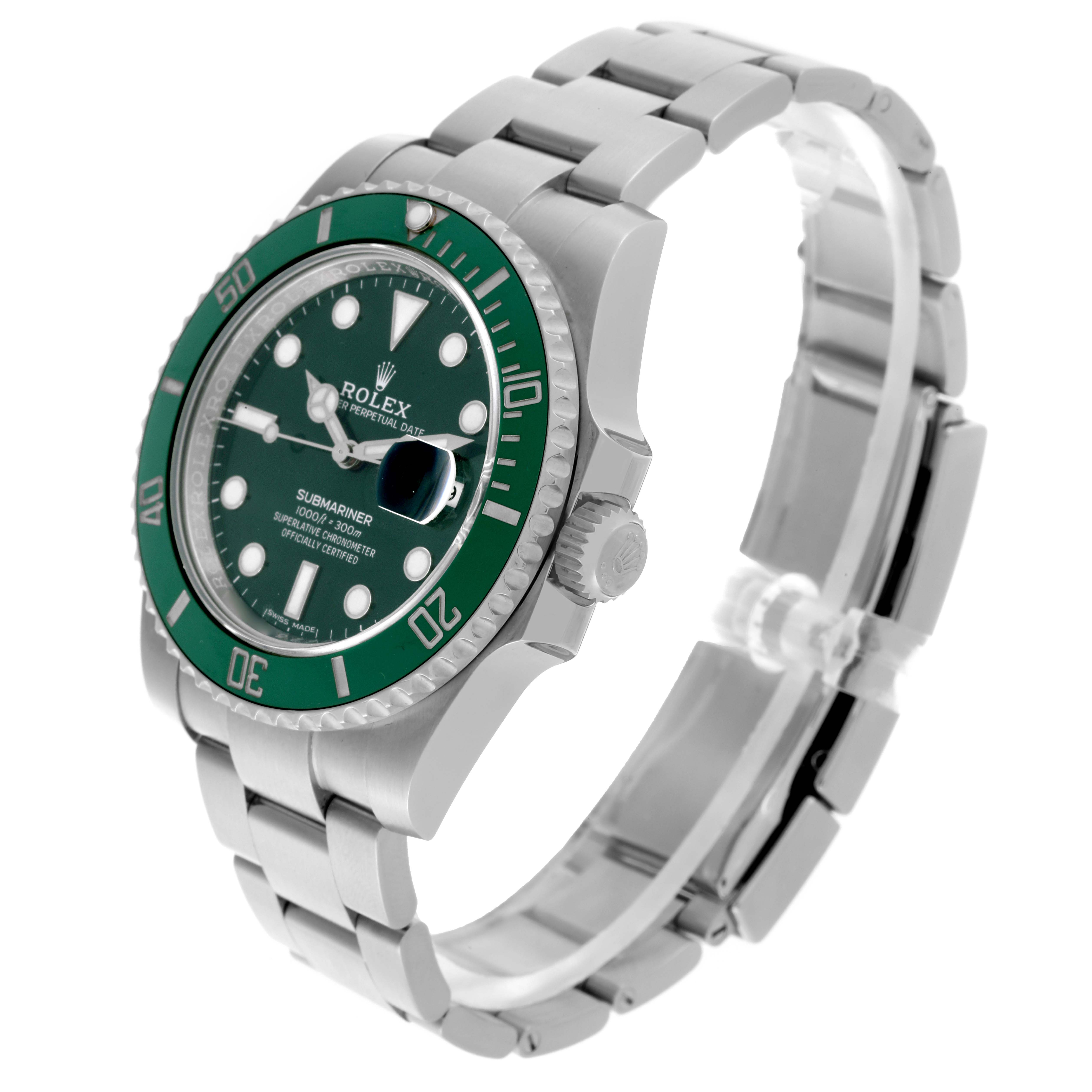 The Rolex Submariner 116610LV Men's Stainless Steel Green Dial 116610LV Men's Stainless Steel Green Dial watch is shown at a three-quarter angle, highlighting the dial, bezel, band, and crown.