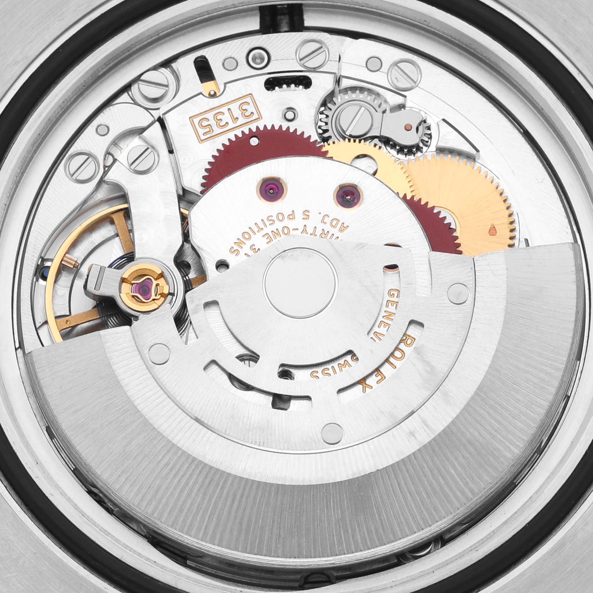 This image shows a close-up of the Rolex Submariner 116610LV Men's Stainless Steel Green Dial 116610LV Men's Stainless Steel Green Dial's movement, focusing on the gears and mechanical components from the back.