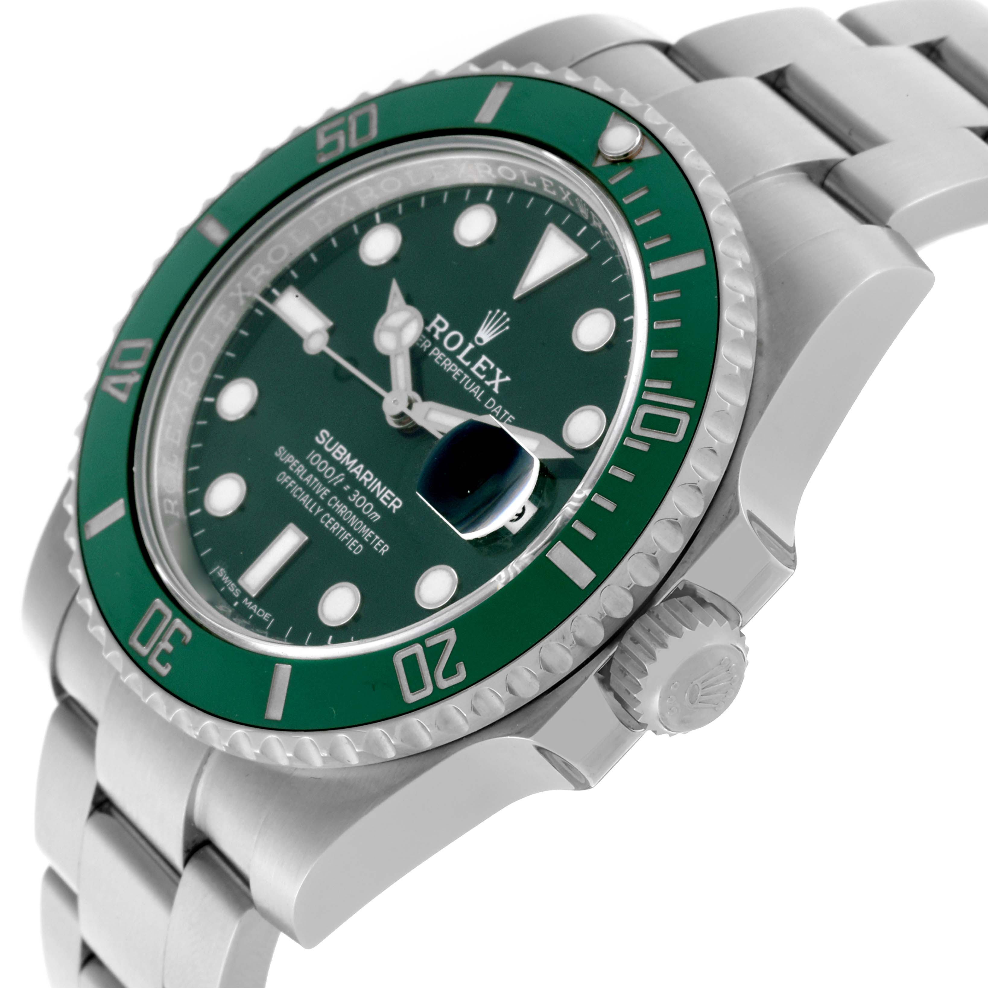 The Rolex Submariner 116610LV Men's Stainless Steel Green Dial 116610LV Men's Stainless Steel Green Dial is shown from a side angle, highlighting the green dial, ceramic bezel, and crown.