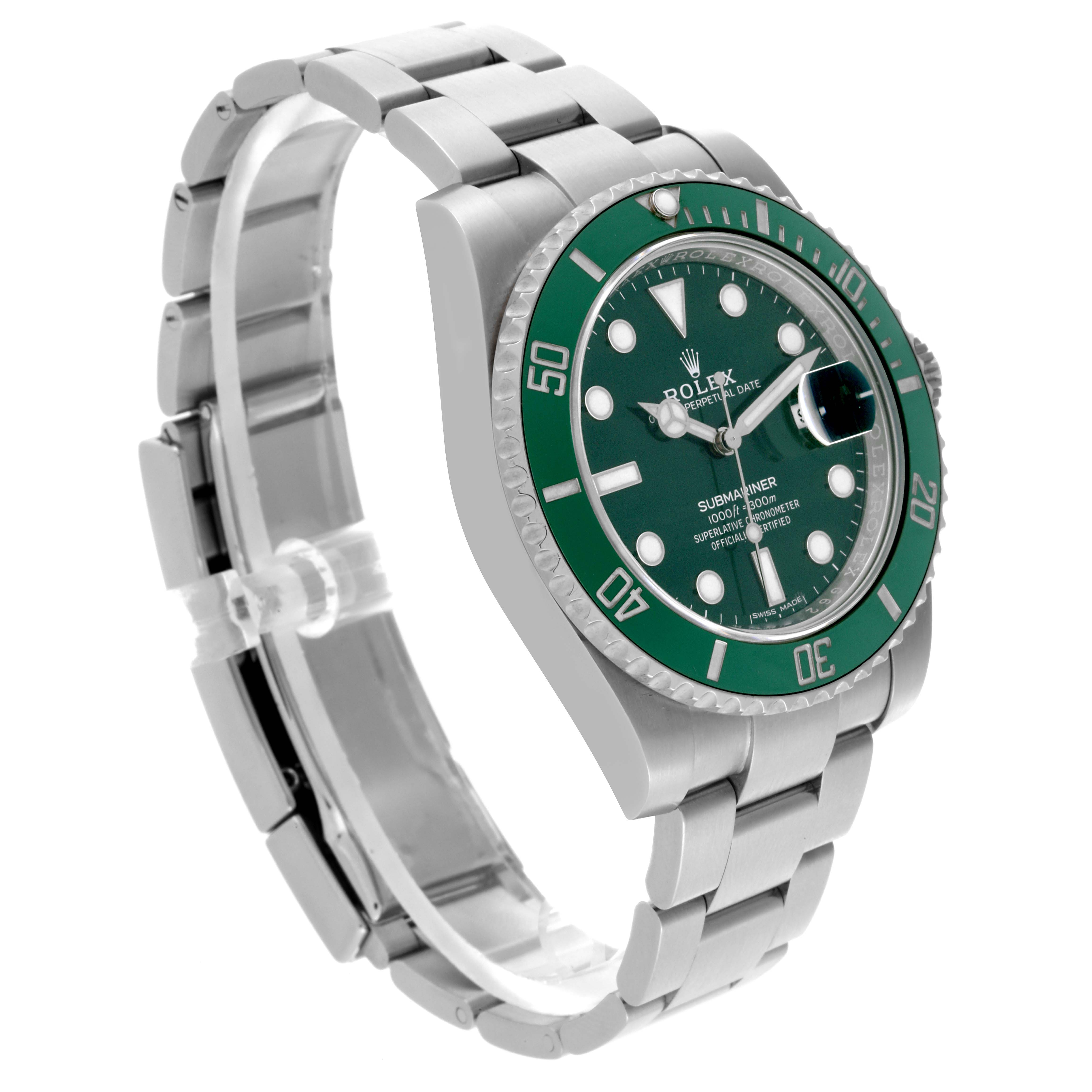 The Rolex Submariner 116610LV Men's Stainless Steel Green Dial 116610LV Men's Stainless Steel Green Dial watch is shown at an angle highlighting the bezel, dial, and bracelet.