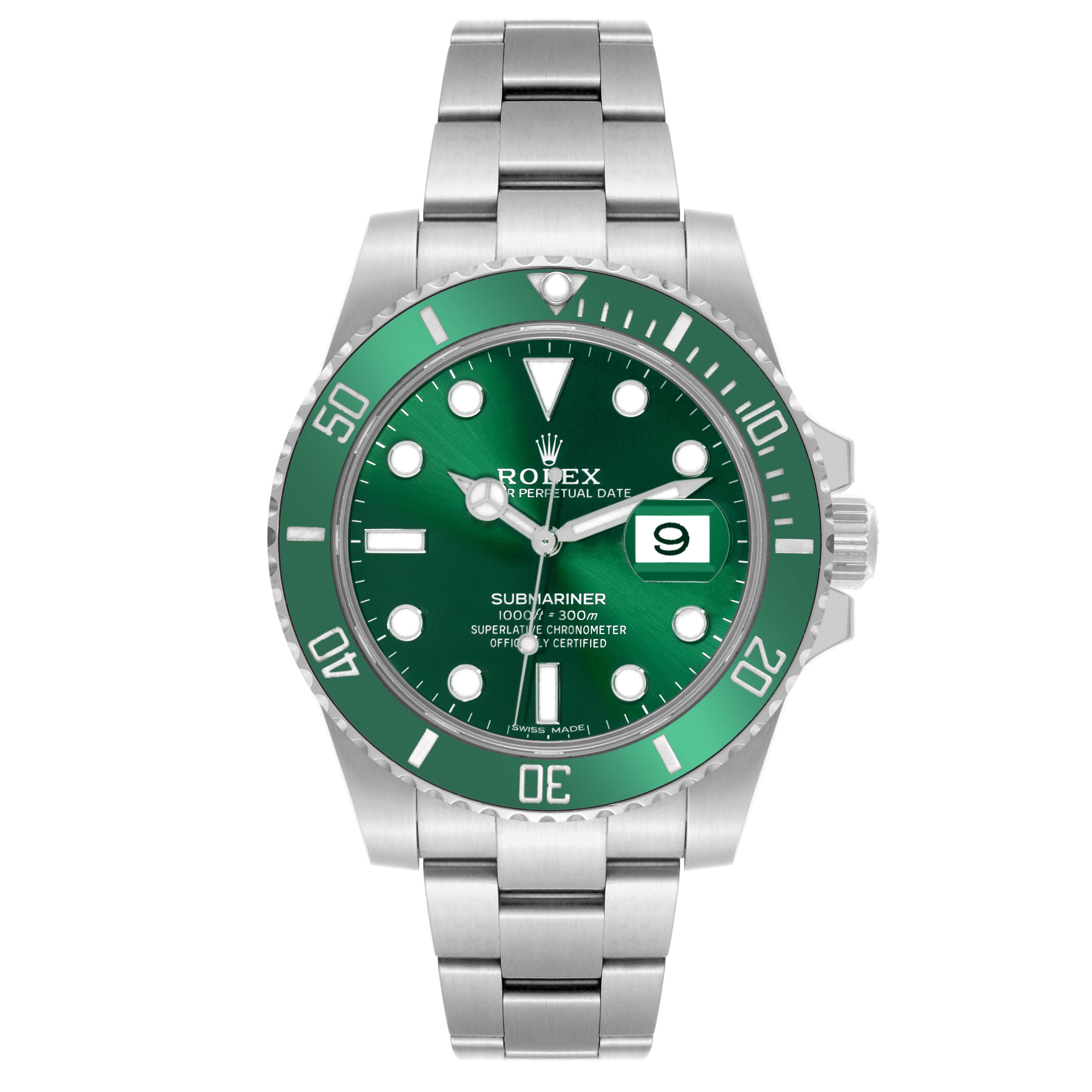 The Rolex Submariner 116610LV Men's Stainless Steel Green Dial 116610LV Men's Stainless Steel Green Dial watch is shown from the front, displaying its dial, bezel, bracelet, and date feature.