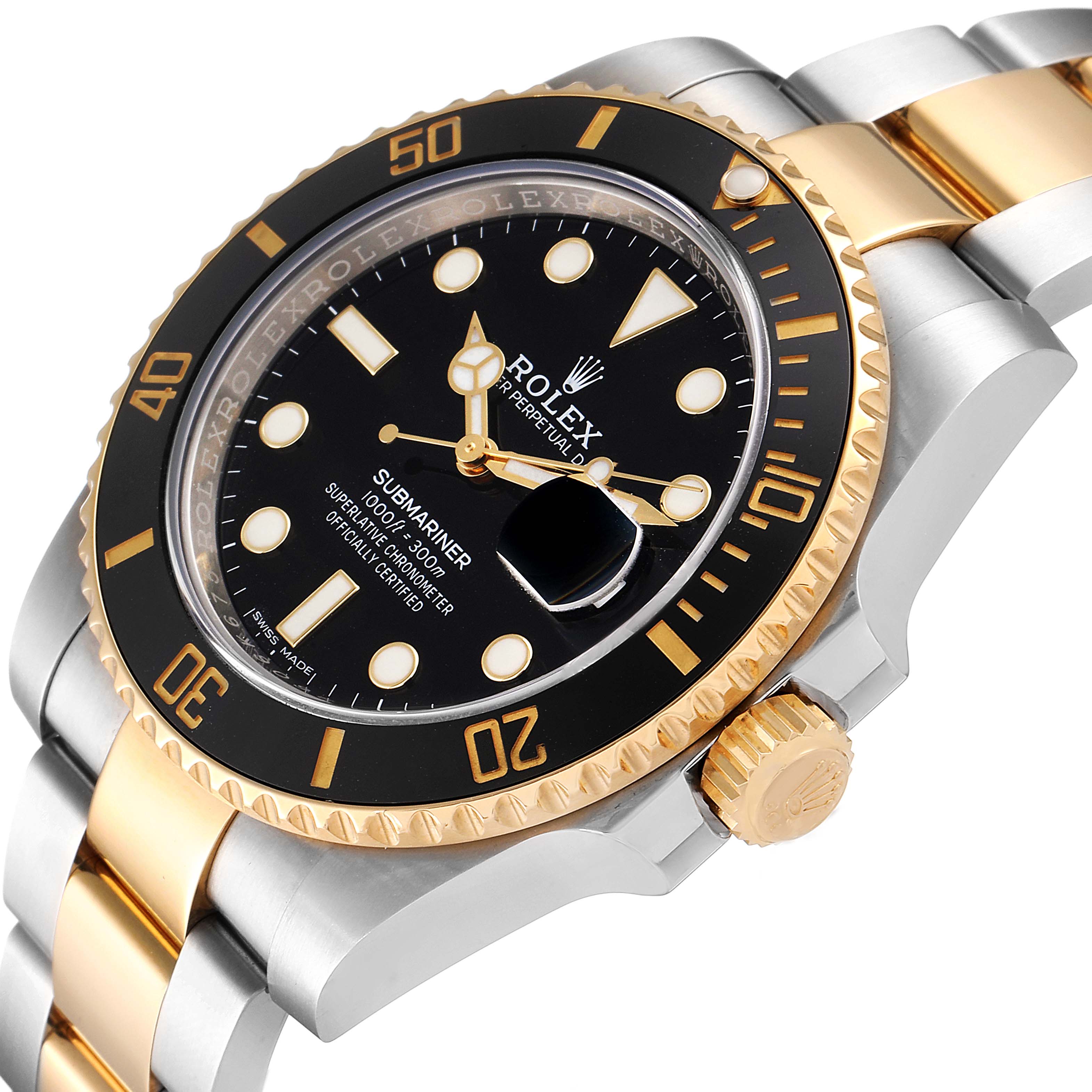This image shows a close-up of a Rolex Submariner 116613 Men's Steel and Gold (two tone) Black Dial 116613 Men's Steel and Gold (two tone) Black Dial watch diagonally, highlighting its black dial, bezel, and two-tone bracelet.
