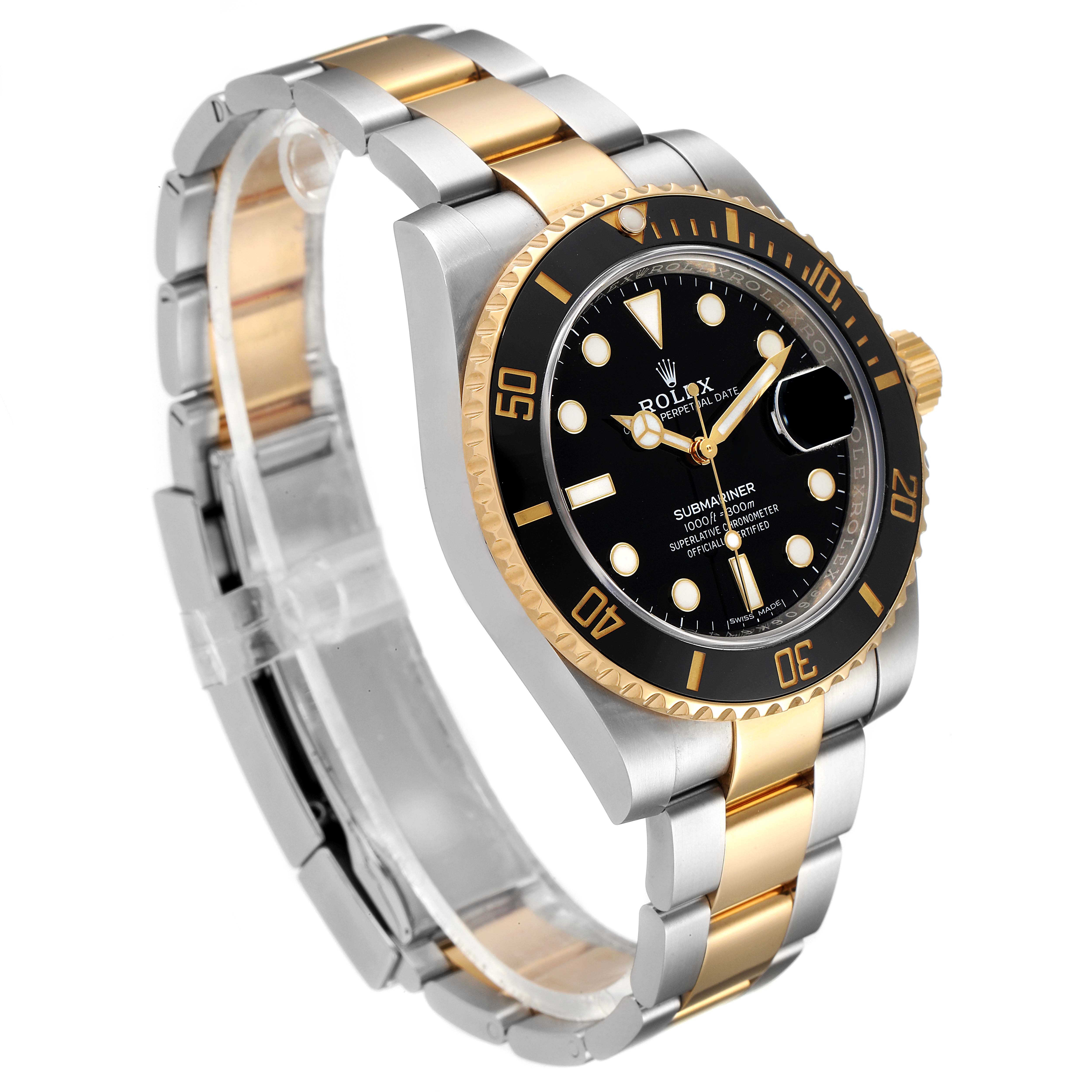 The image shows a Rolex Submariner 116613 Men's Steel and Gold (two tone) Black Dial 116613 Men's Steel and Gold (two tone) Black Dial watch from an angled side view, displaying the bezel, dial, and bracelet.