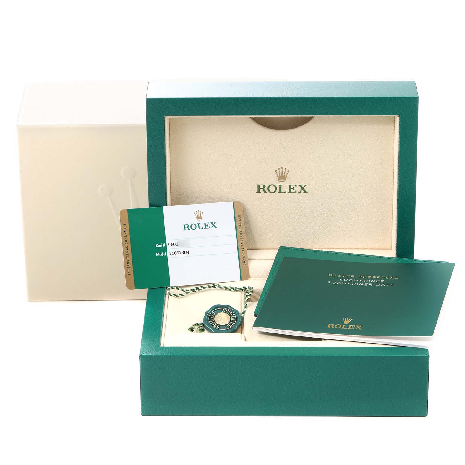 The image shows the packaging box, warranty card, manual, and a tag for a Rolex Submariner 116613 Men's Steel and Gold (two tone) Black Dial 116613 Men's Steel and Gold (two tone) Black Dial model.